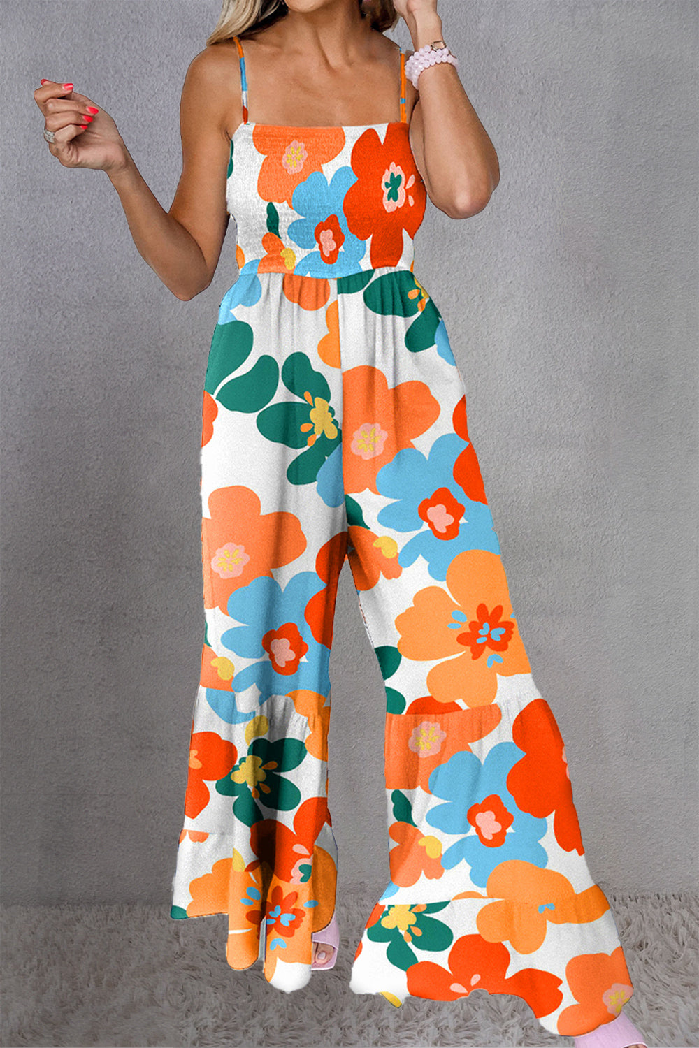 Free To Frolic Printed Smocked Spaghetti Strap Jumpsuit