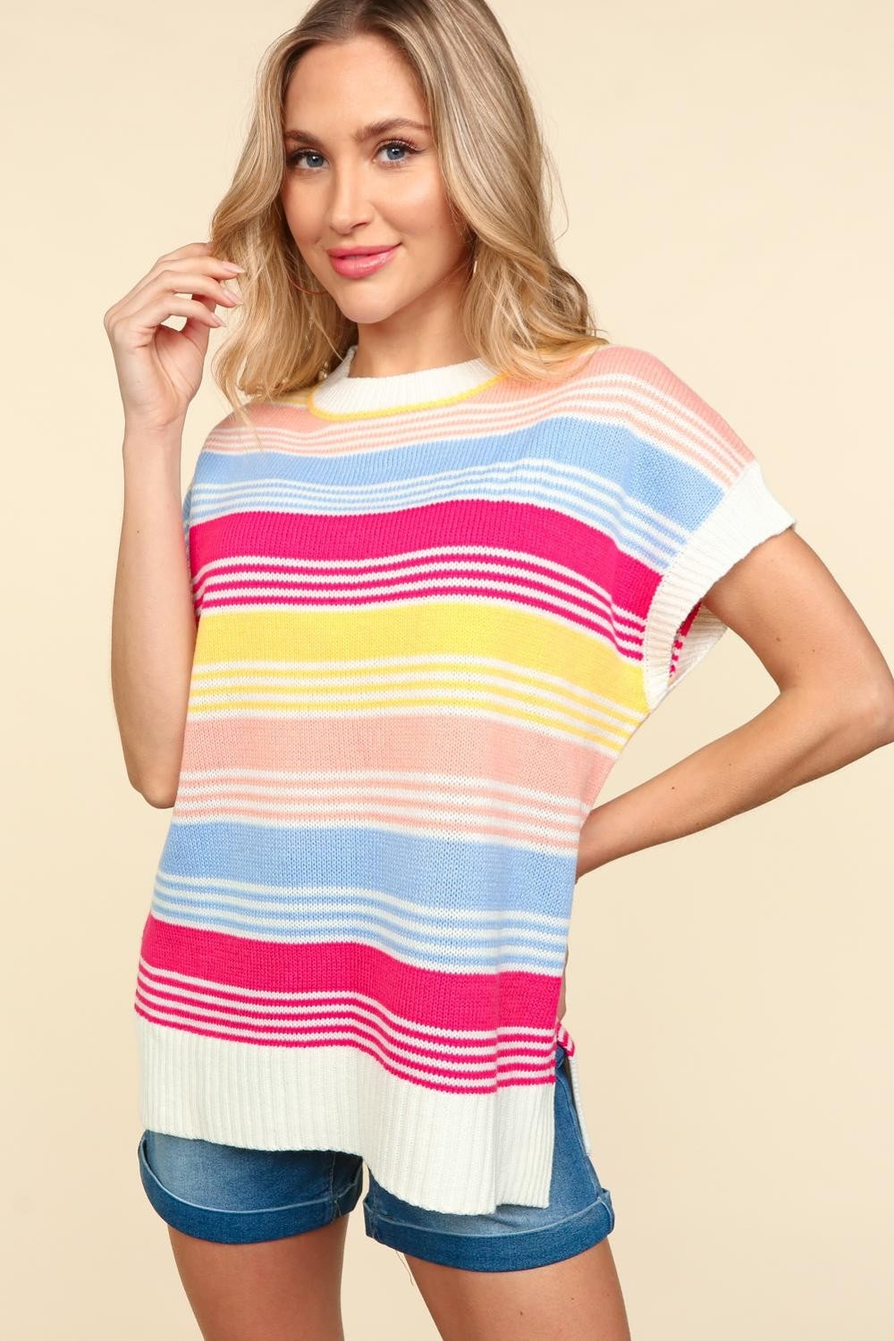 Dock & The Bay Striped Side Slit Short Sleeve Knit Top (Haptics)