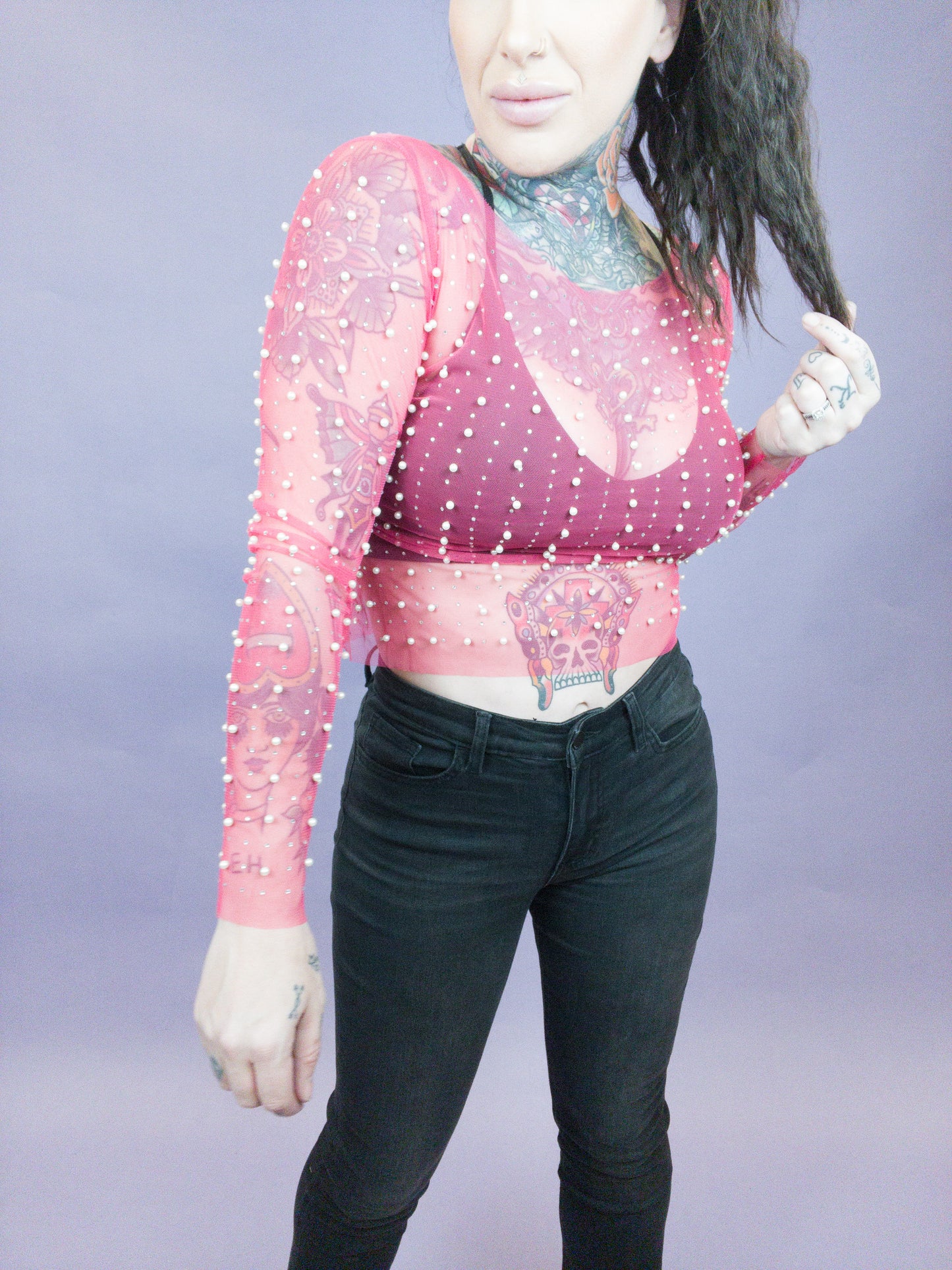 Devious Designs Pearl Embellished Long Sleeve Mesh Top