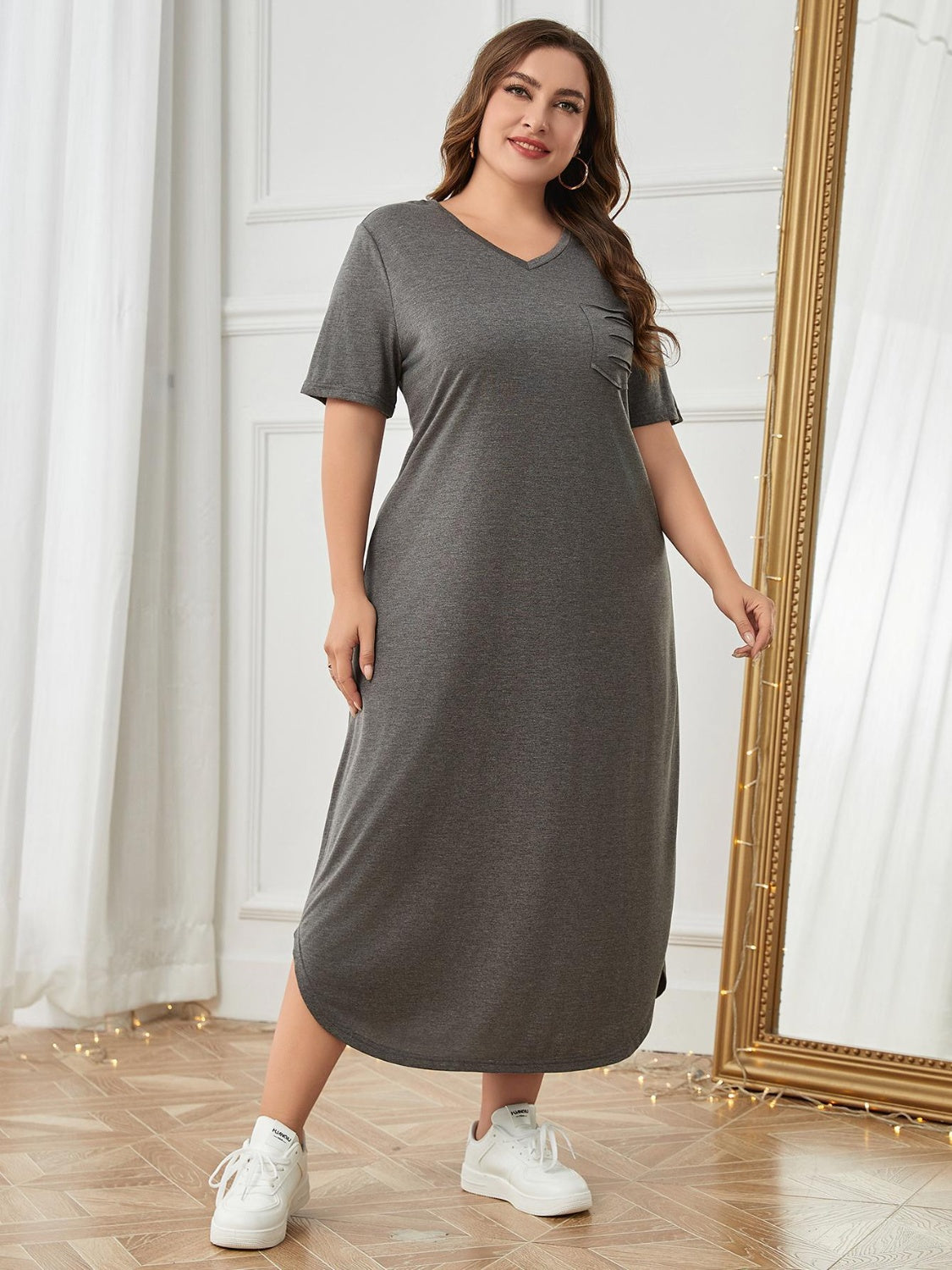 (Curvy) Lunch Date Pocketed V-Neck Short Sleeve Lounge Dress - BP