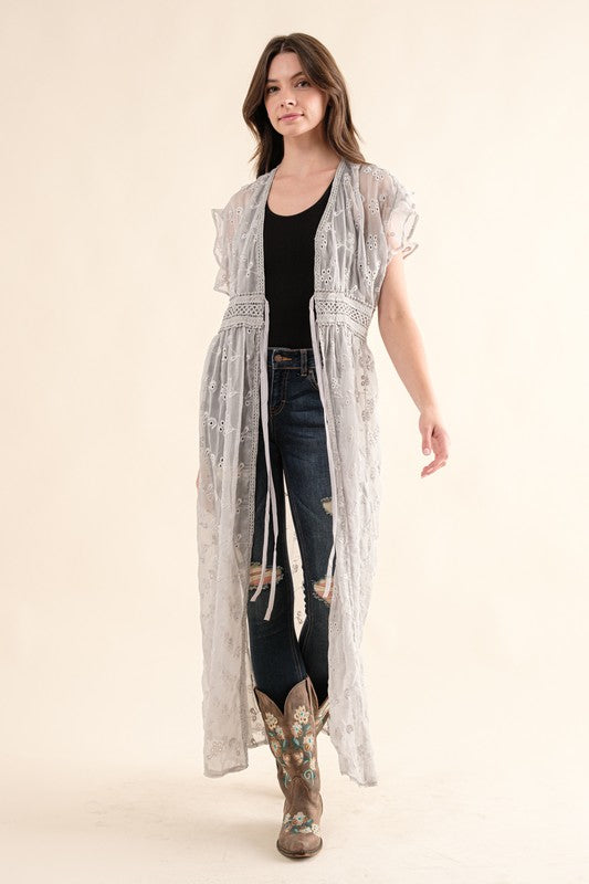 Reach For Me CHIFFON EMBROIDERY LACE KIMONO DUSTER CARDIGAN (Multiple Colors)