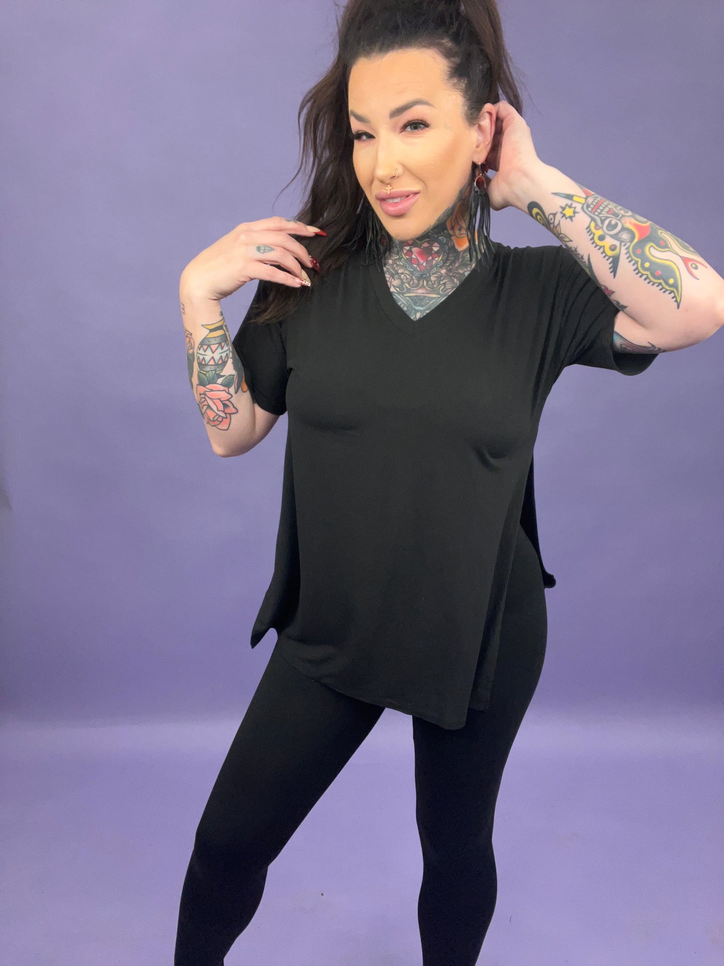 Chilling At Home or Out Oversized Side Slit V-Neck Tee & Leggings Set