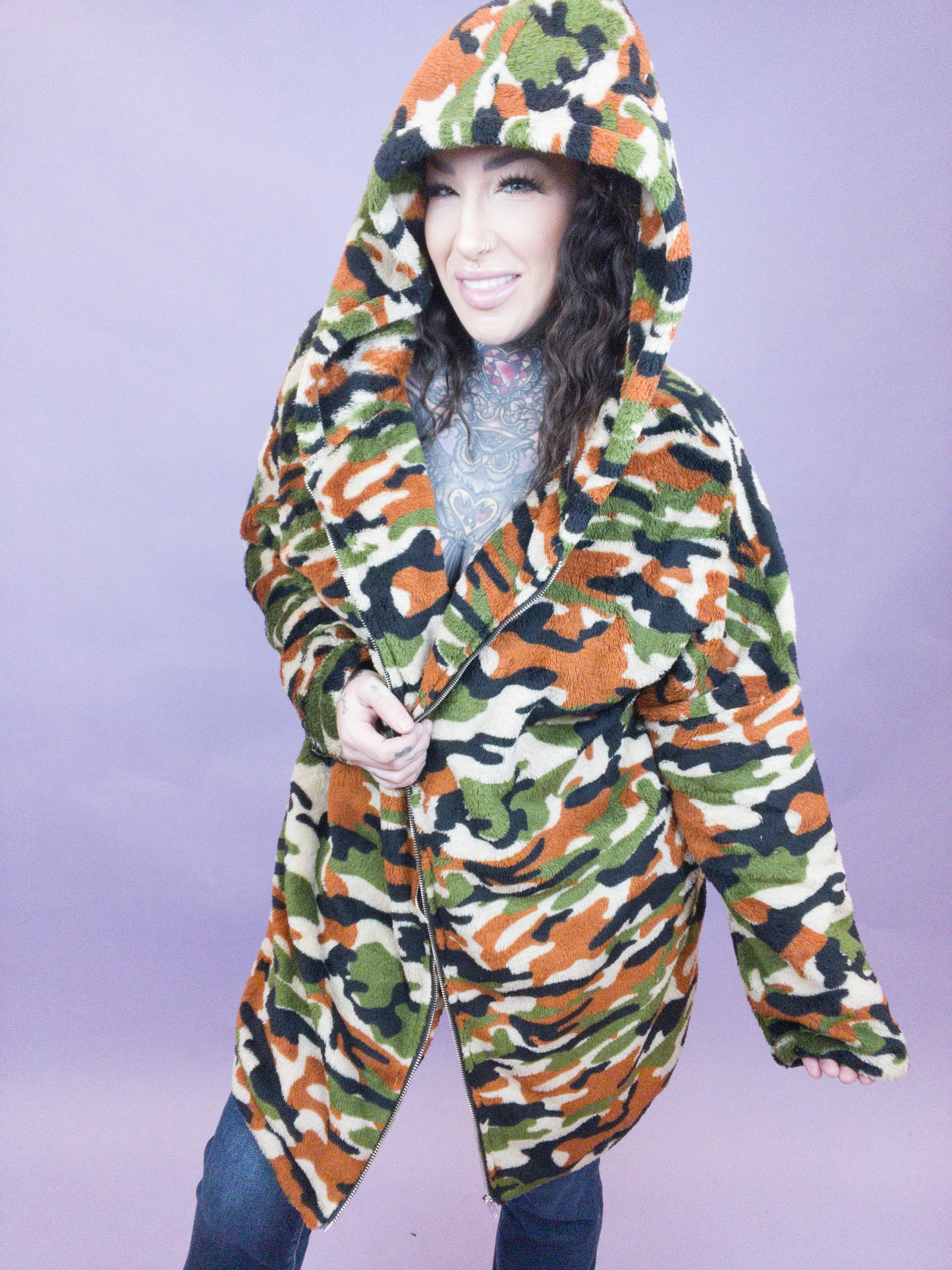 Let Me Be Real Punk Hooded Army Printed Faux Fur Coat