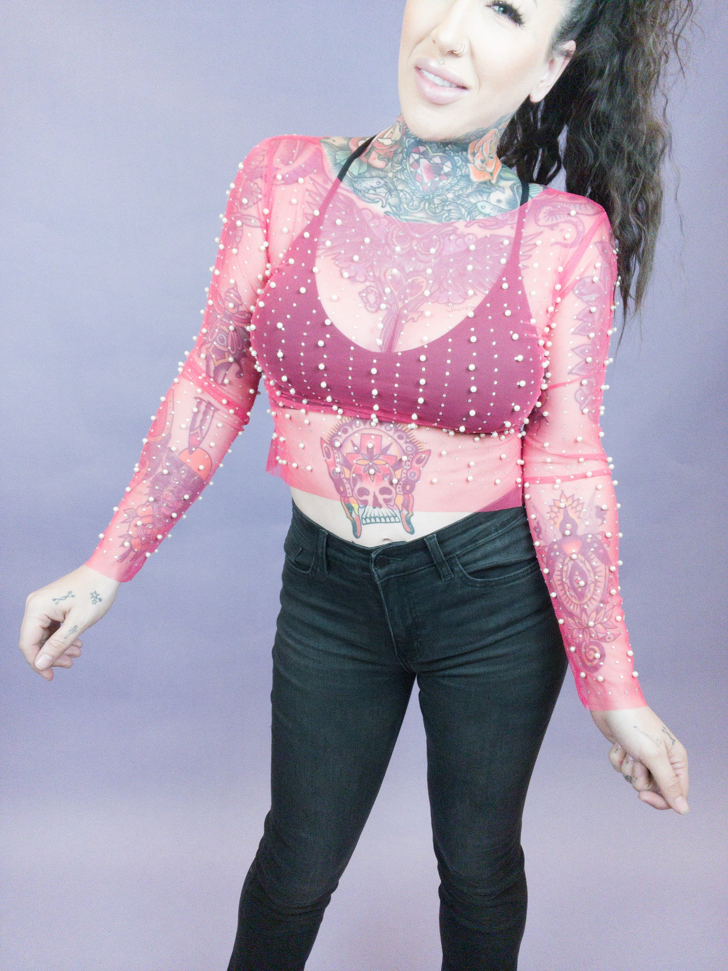 Devious Designs Pearl Embellished Long Sleeve Mesh Top