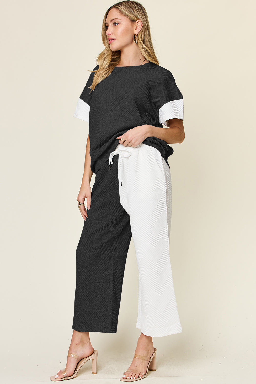 Block The Haters Double Take Full Size Texture Contrast T-Shirt and Wide Leg Pants Set