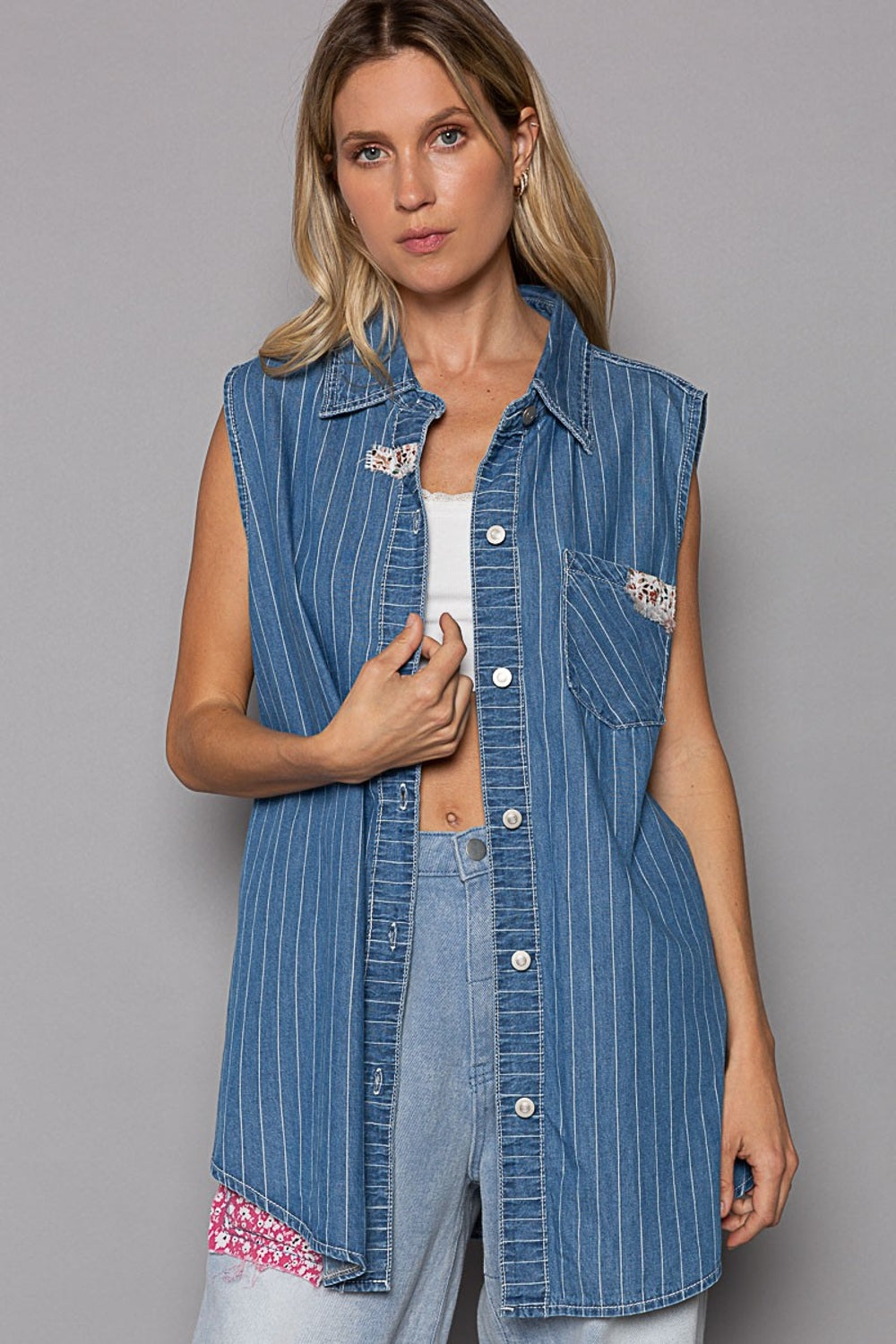 Say Hello To My Little Friend (POL) Button Down Sleeveless Striped Denim Shirt