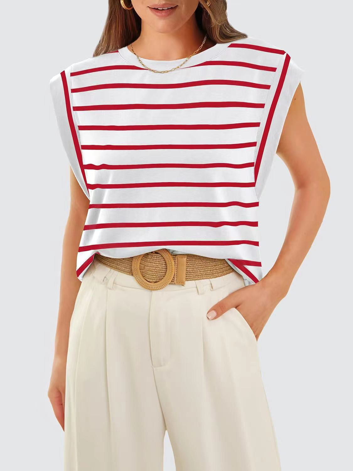 (S-2X) Happiest Here Striped Round Neck Cap Sleeve T-Shirt (Multiple Colors)