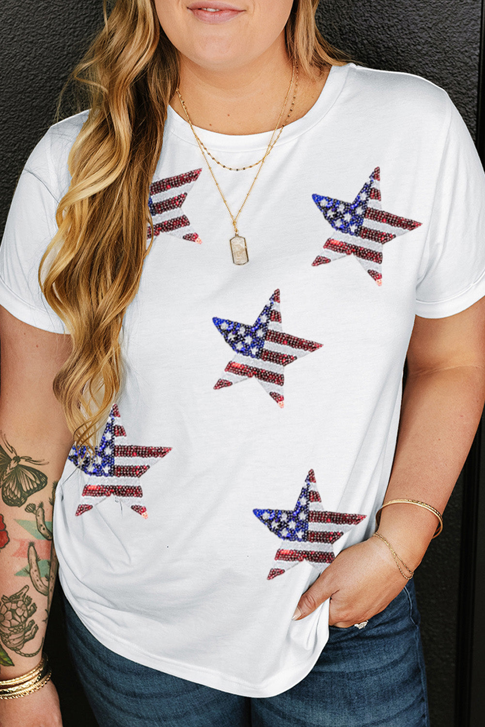 (1X-3X) America The Brave Sequin Star Round Neck Short Sleeve T-Shirt - BP