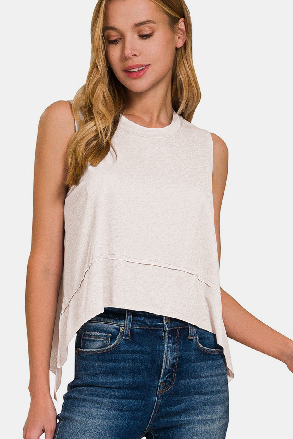 Growing Into Greatness Slit High-Low Round Neck Tank (Zenana)