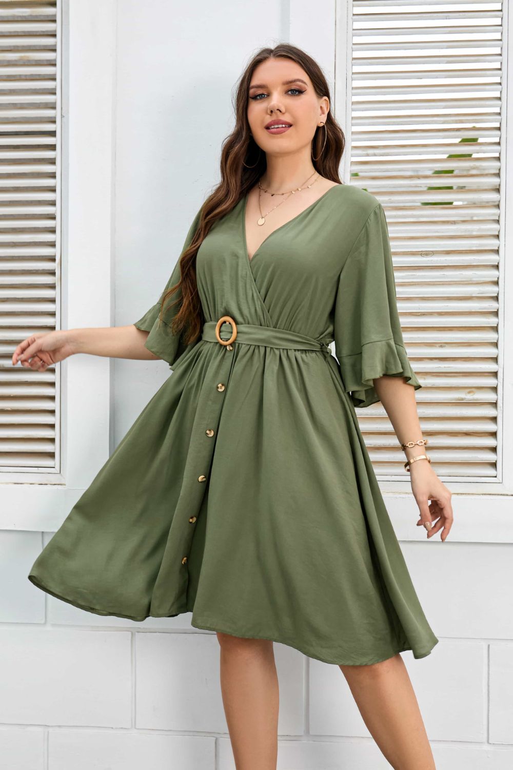 (Curvy) Get Back Up Surplice Neck Half Sleeve Dress - BP