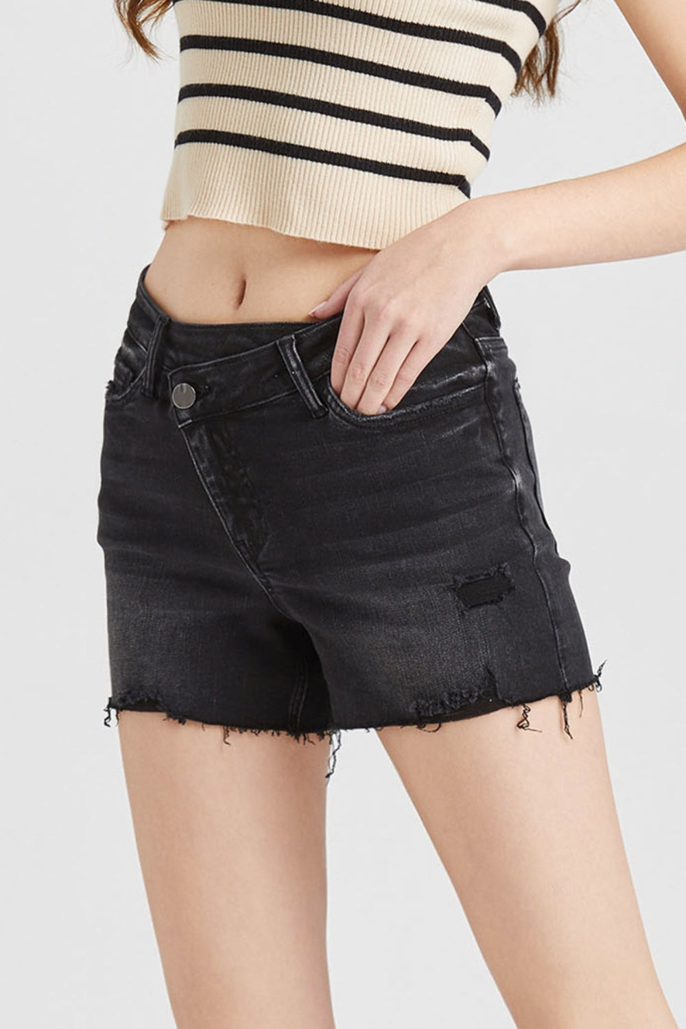 Shandelle Stepped Waist Raw Hem Denim Shorts - BP