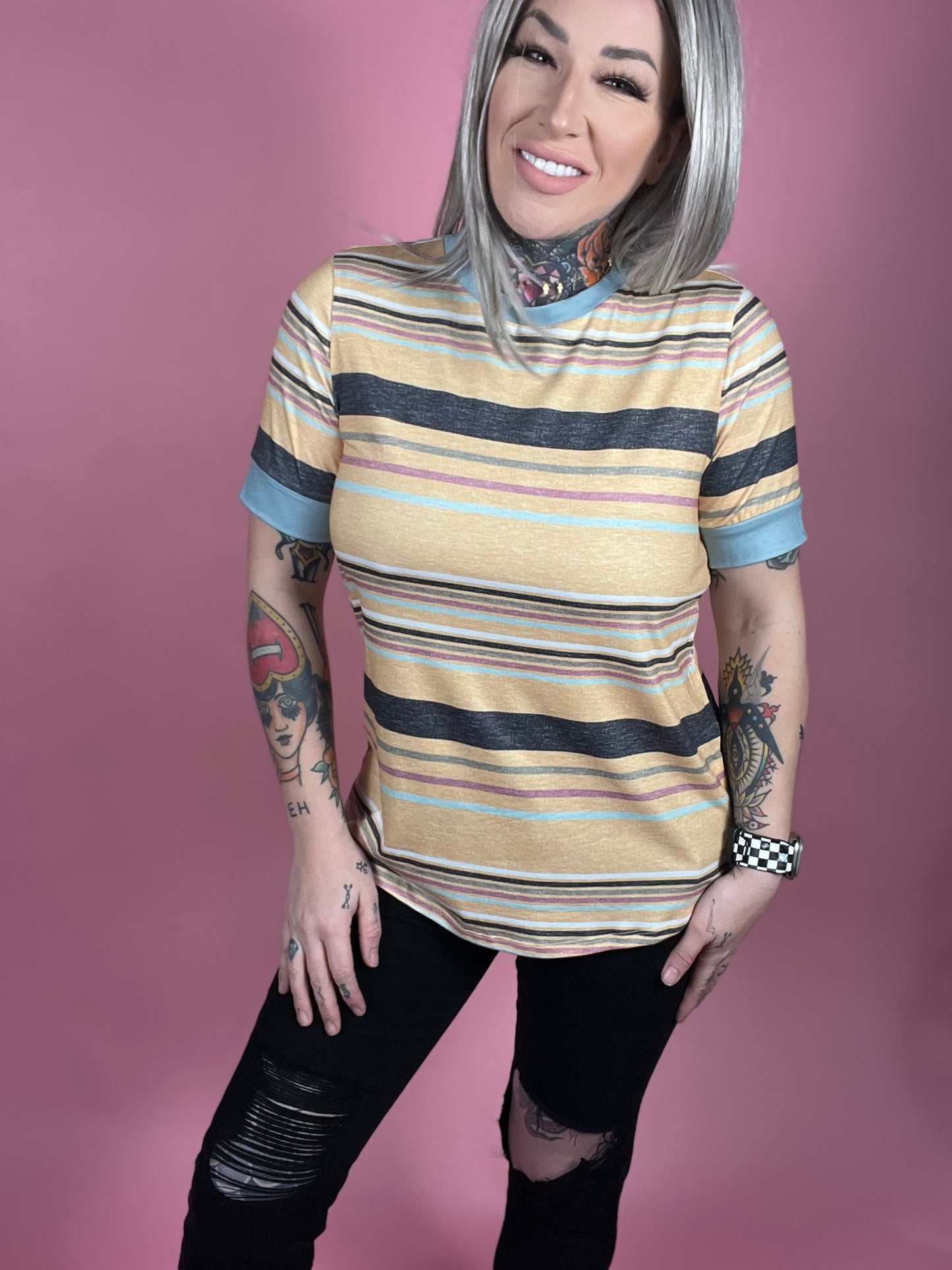 Celebrate Yourself Curvy/Reg Multicolor Stripes Crew Neck T Shirt