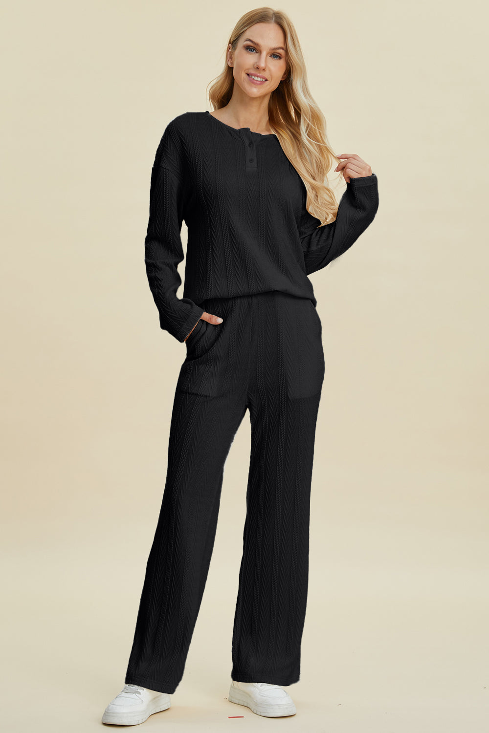 (S-3X /Multiple Colors) Trust Me Double Take Cable-Knit Long Sleeve Top and Pants Set