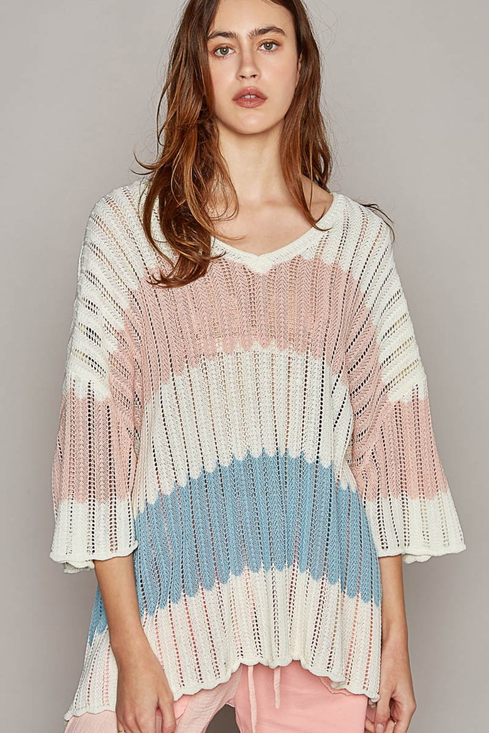 Tell Me Your Dreams (POL) V-Neck Short Sleeve Stripe Weave Sweater