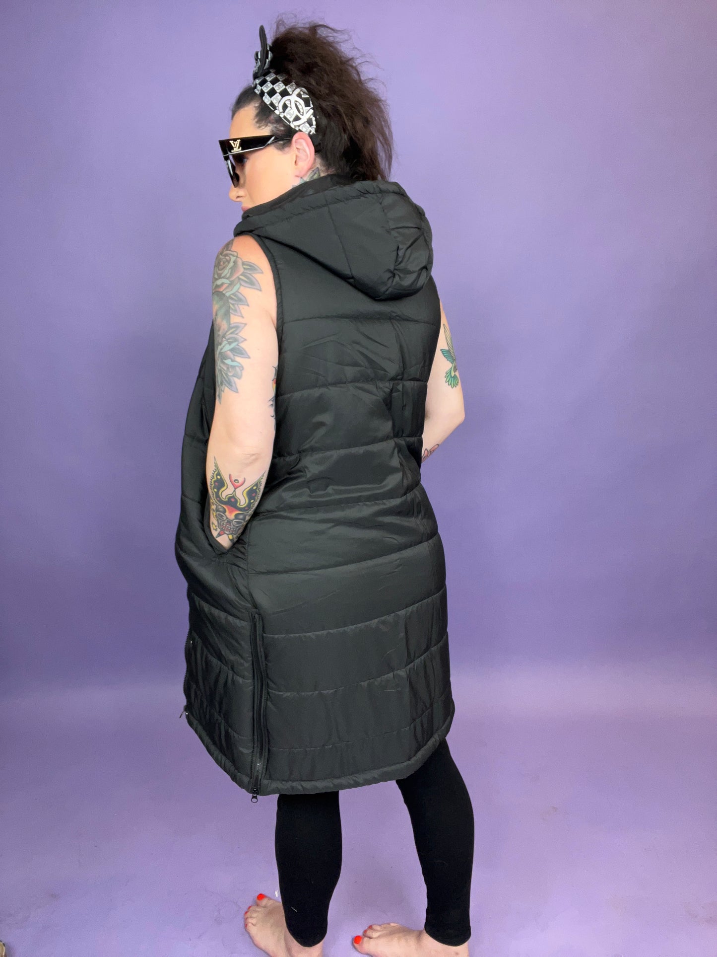 Puff Don't Pout Sister Long BLACK Puffer Vest w/ Hood & Pockets