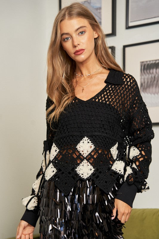 Growing Expectations Crochet V Neck Long Sleeve Knit Sweater Top