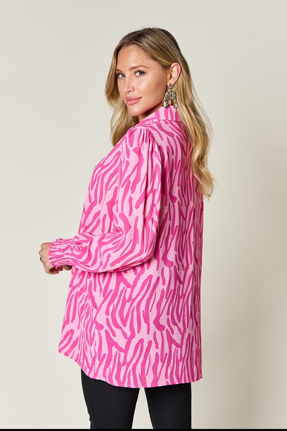 (S-3X) Stating My Opinion Printed Smocked Long Sleeve Blouse (Multiple Colors) - BP