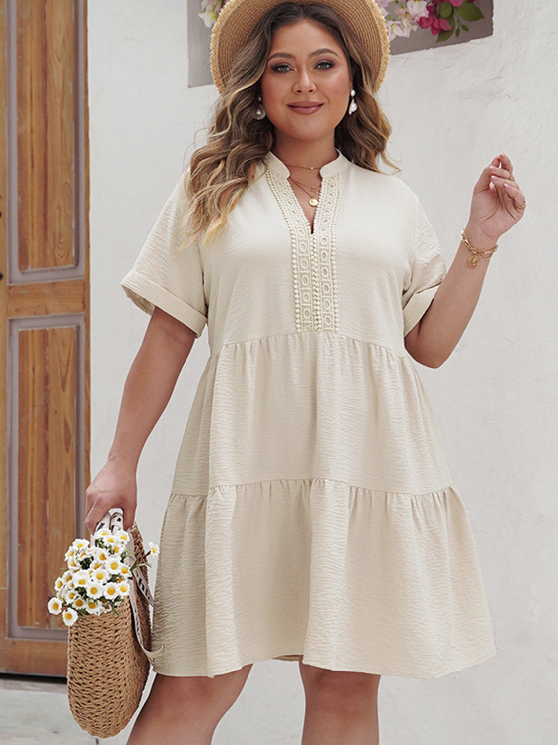 (Curvy) Change Is Good Lace Detail Notched Short Sleeve Dress - BP