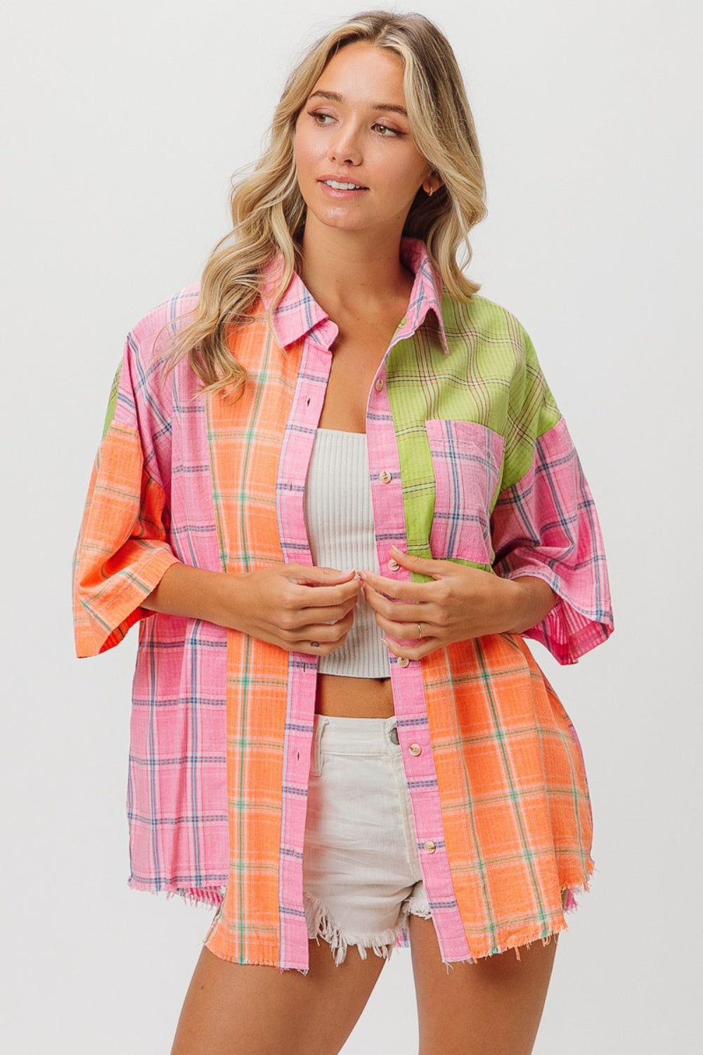 Social Season Plaid Collared Neck Half Sleeve Shirt (BiBi)