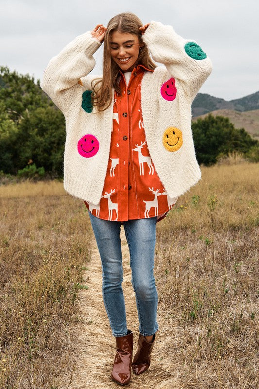 Keep Me Happy Fuzzy Smile Long Bell Sleeve Knit Cardigan