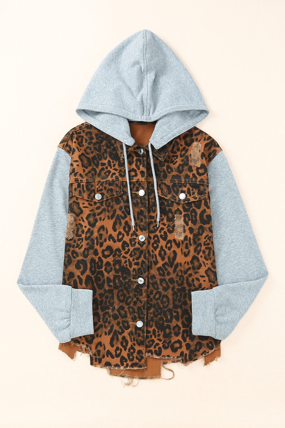 Forever Crush Leopard Distressed Drawstring Hooded Denim Jacket - BP