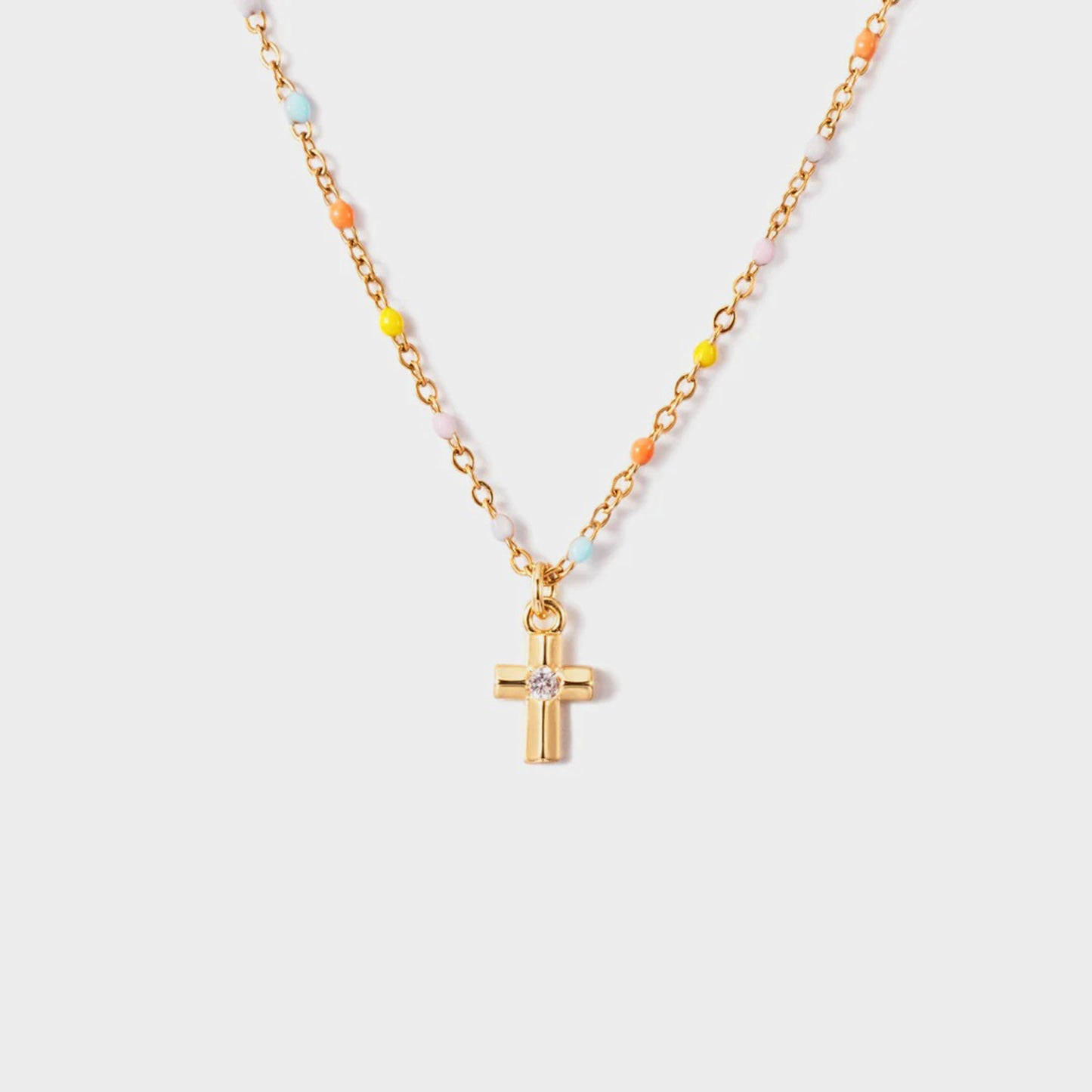 Never Forsake Me Inlaid Zircon 18K Gold-Plated Cross Bead Necklace - BP