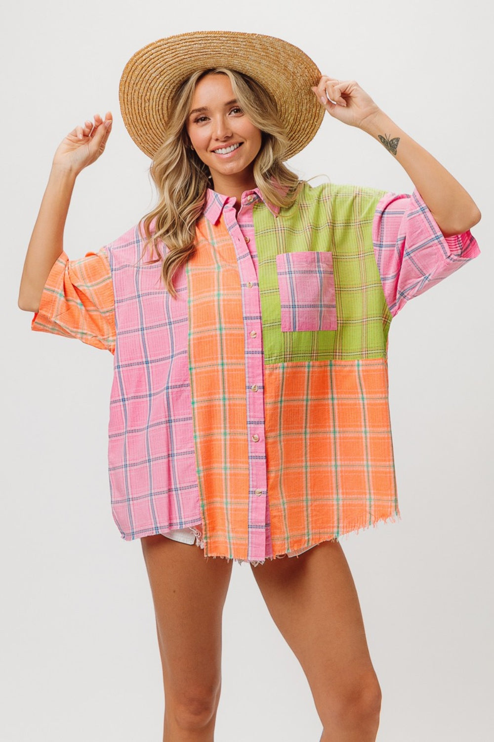 Social Season Plaid Collared Neck Half Sleeve Shirt (BiBi)