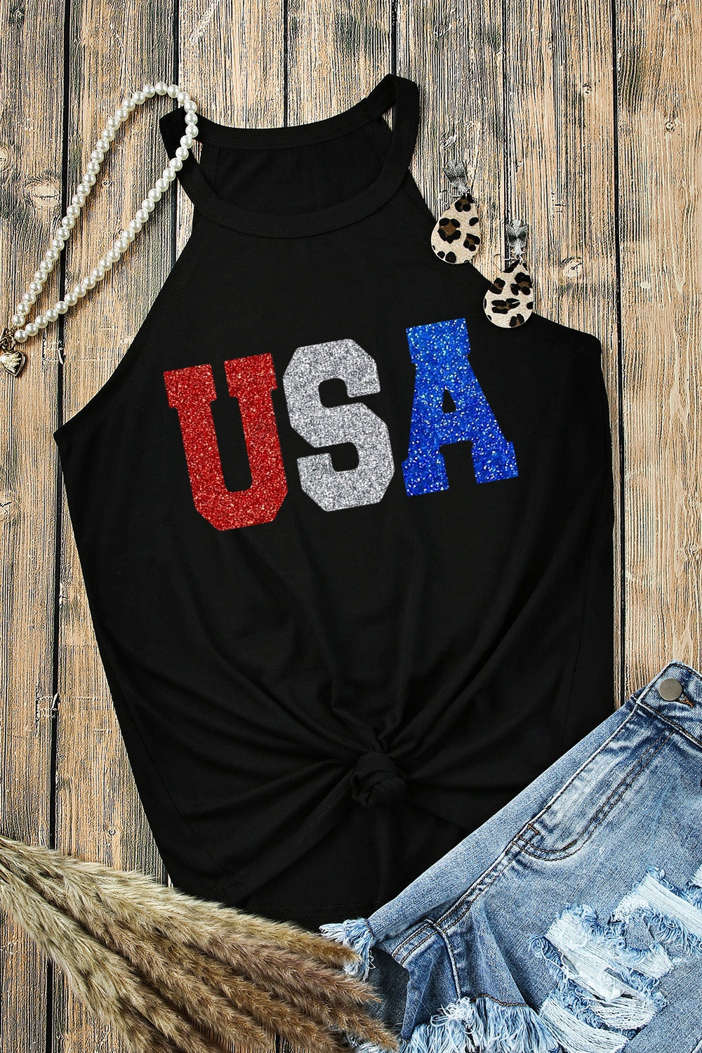 (S-2X) Stars Bursting USA Grecian Neck Cami