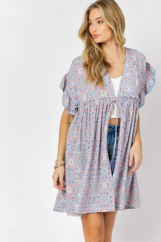 Cover Me In Daisies Printed Short Sleeve Ruffle Kimono (Davi & Dani)