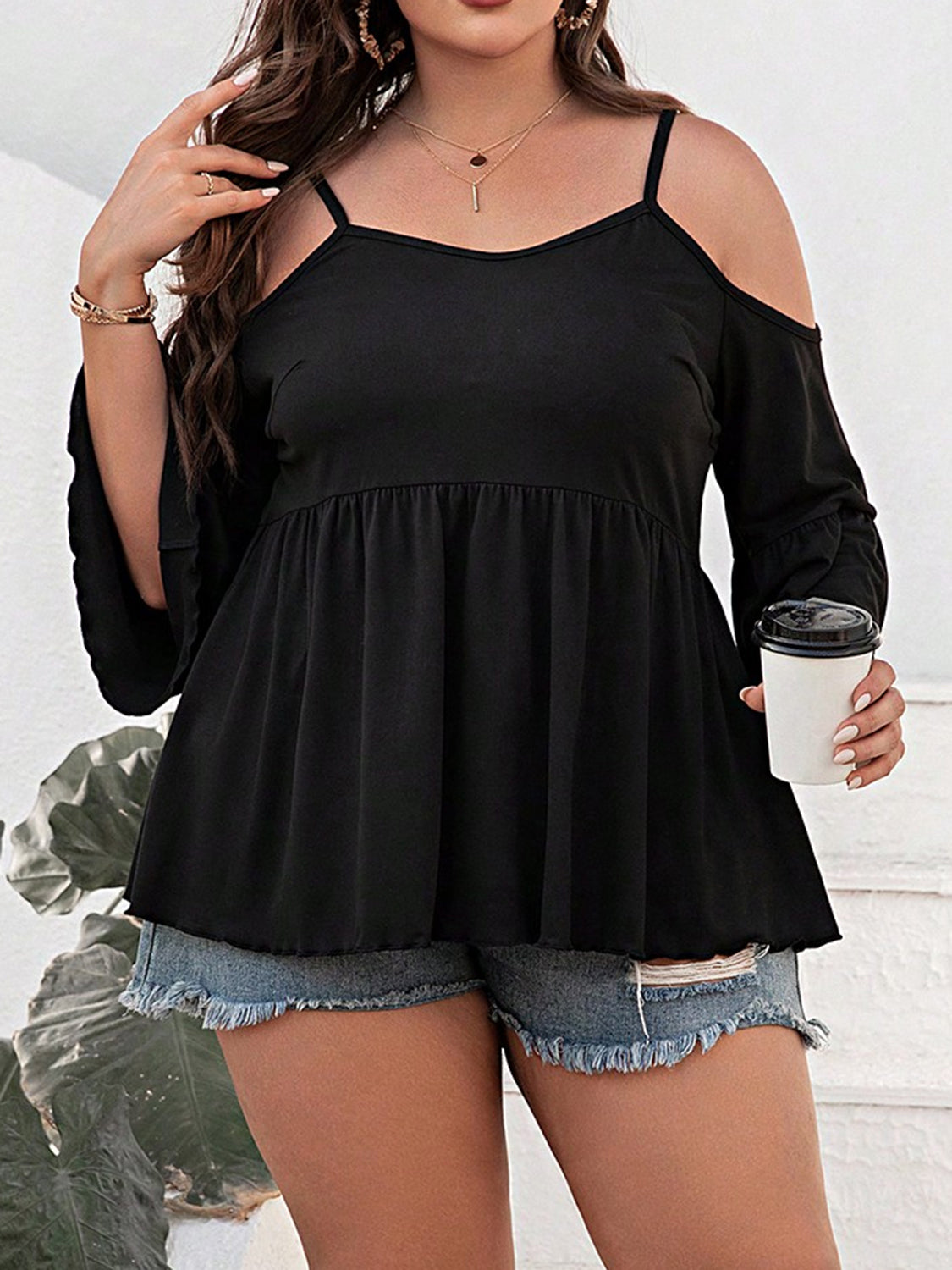 (1X-3X) Unique Perspective Cold Shoulder Flounce Sleeve Blouse - BP