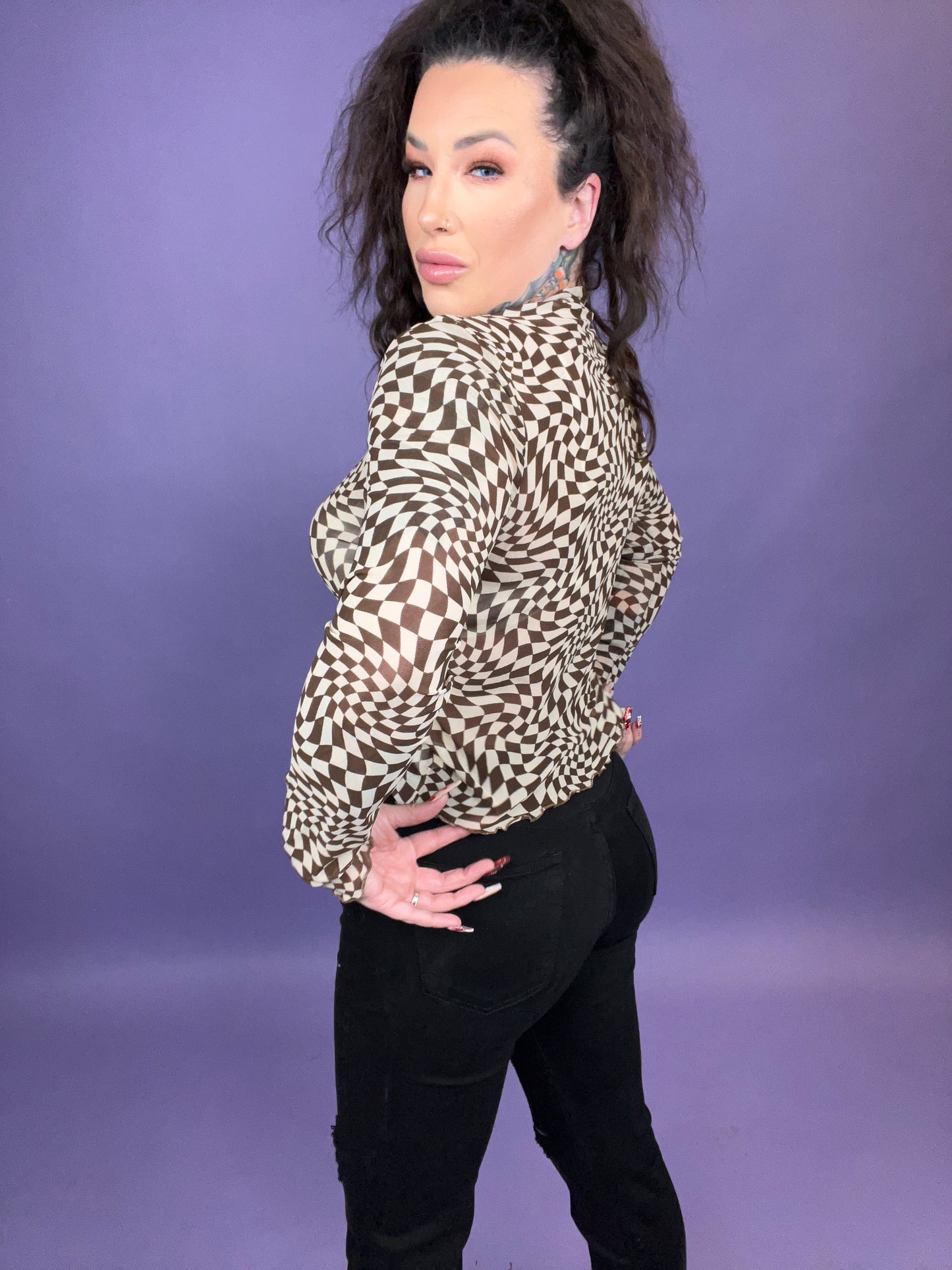 JAVA Twisted Twilight Checkered Vibe Mesh Long Sleeve Top (CURVY)