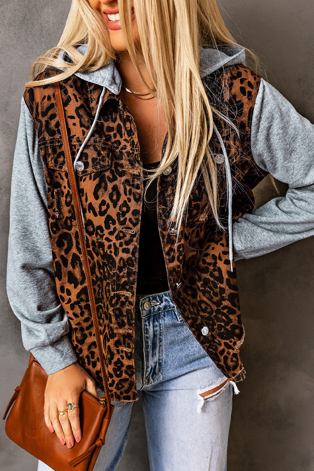 Forever Crush Leopard Distressed Drawstring Hooded Denim Jacket - BP