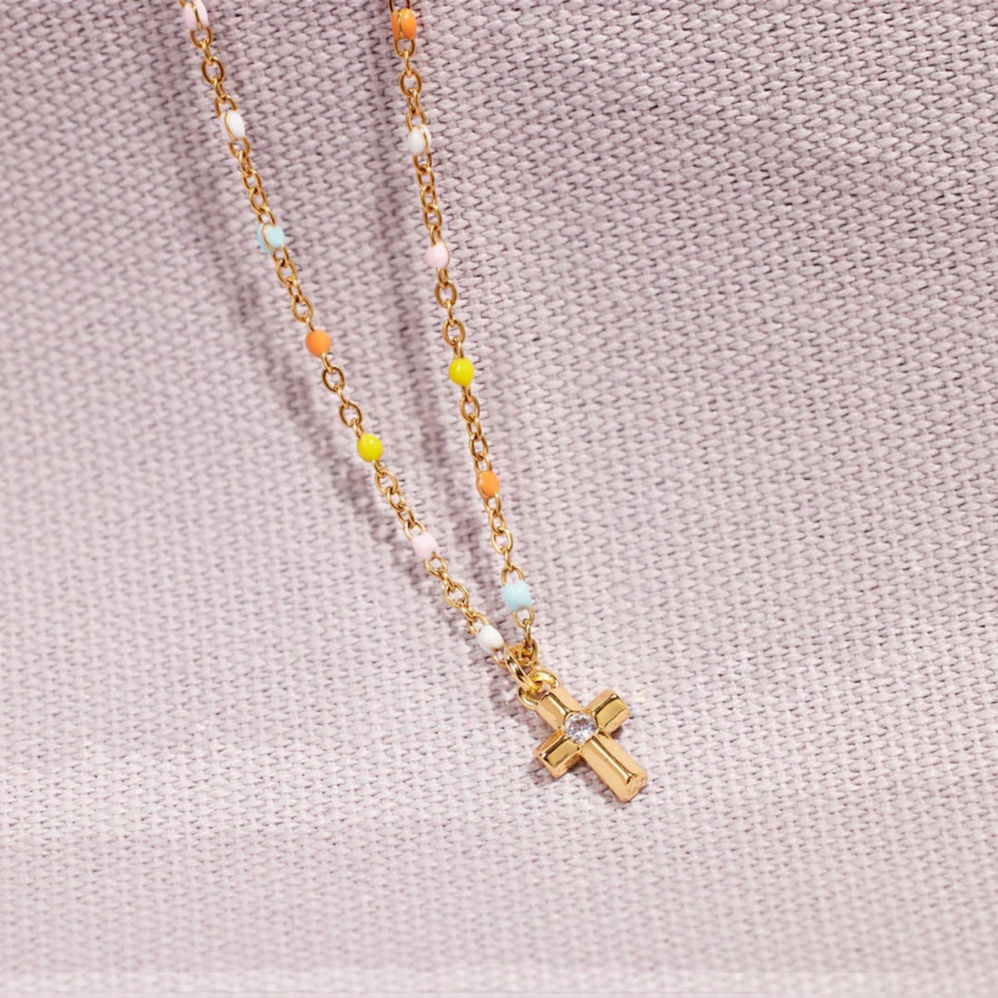 Never Forsake Me Inlaid Zircon 18K Gold-Plated Cross Bead Necklace - BP