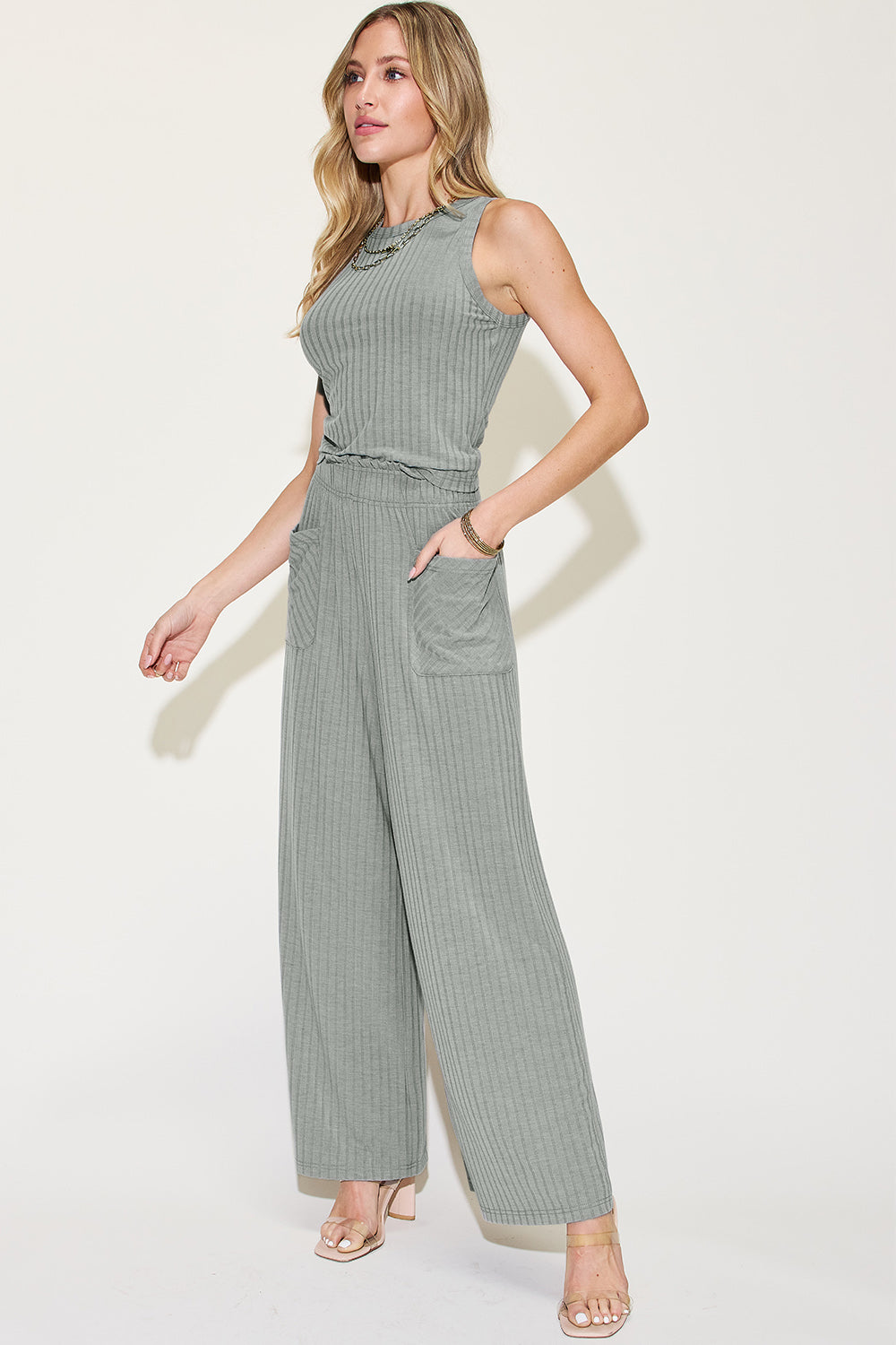 (S-3X) Dear Delilah Ribbed Tank and Wide Leg Pants Set (Multiple Colors) - BP