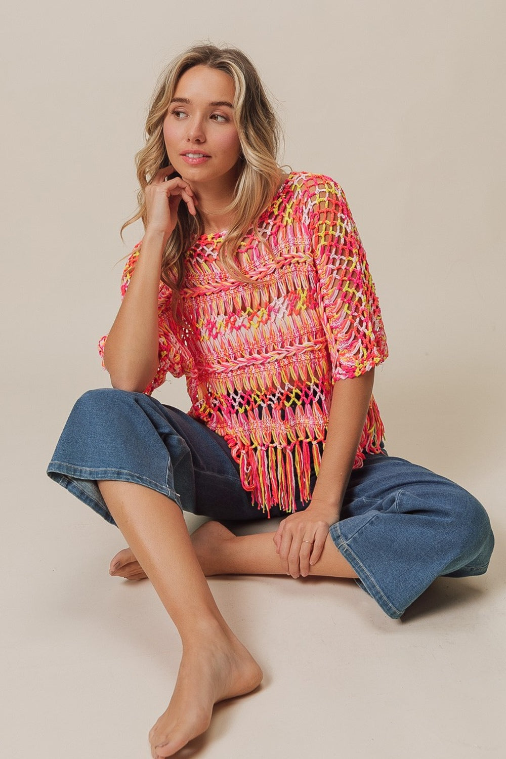 Boating In Bound Openwork Fringed Knit Cover Up (BiBi)