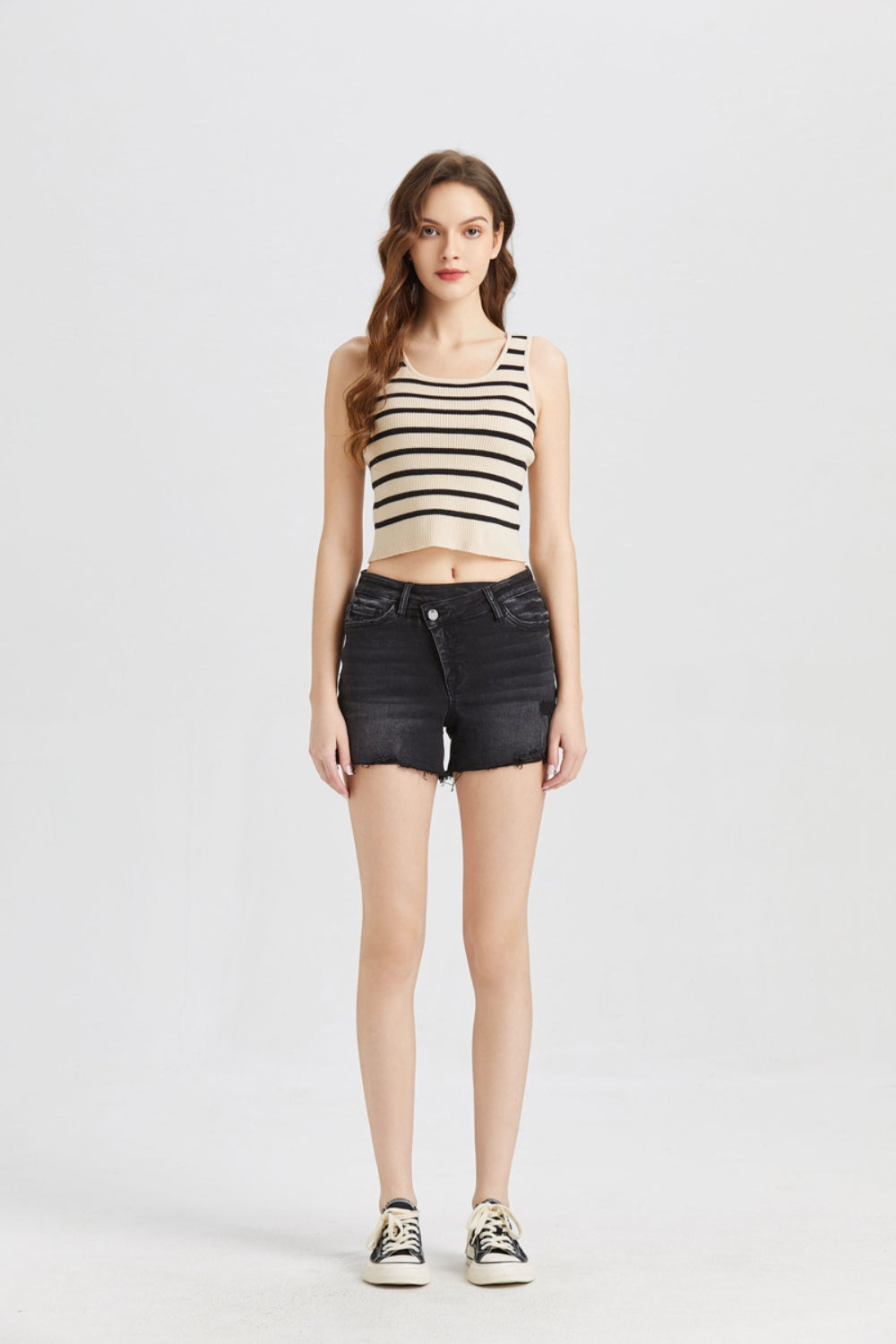 Shandelle Stepped Waist Raw Hem Denim Shorts - BP