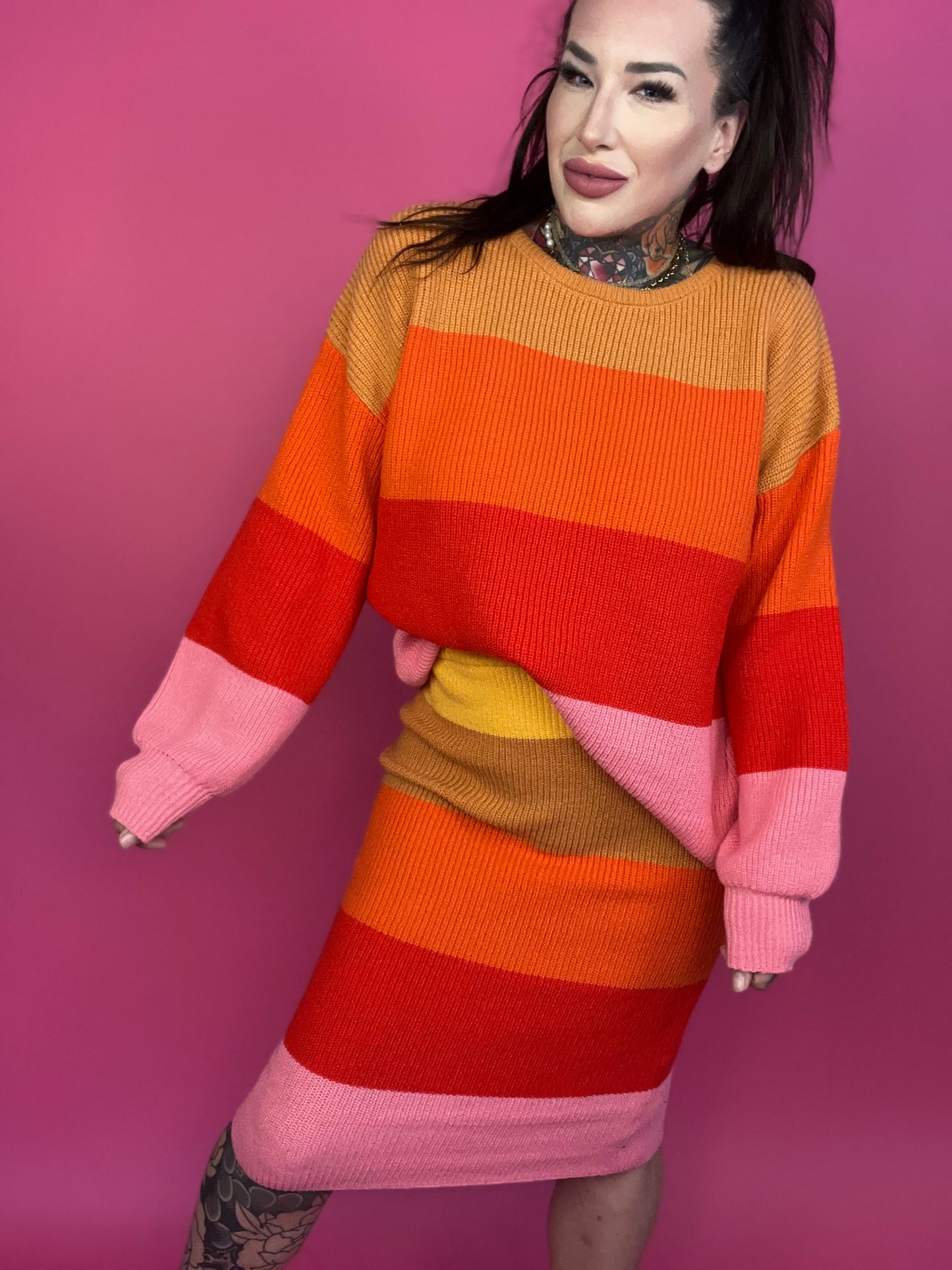 (TOP) Bold Rainbow Stripe Oversized Chunky Knit Pullover (MULTIPLE COLOR OPTIONS) - BP