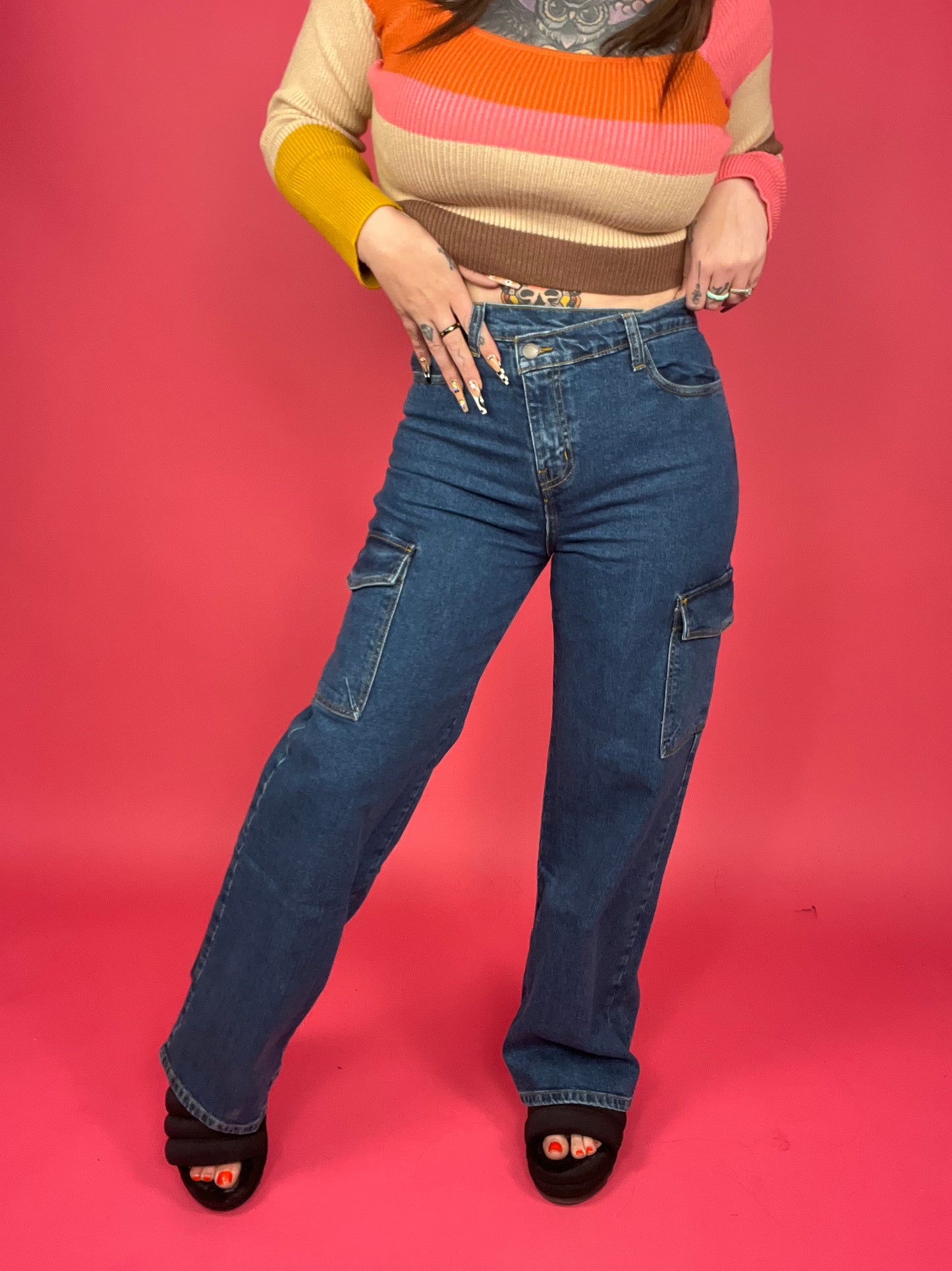 Vibrant M.I.U. - High Rise Crossed Waist Cargo Wide Jeans - BP