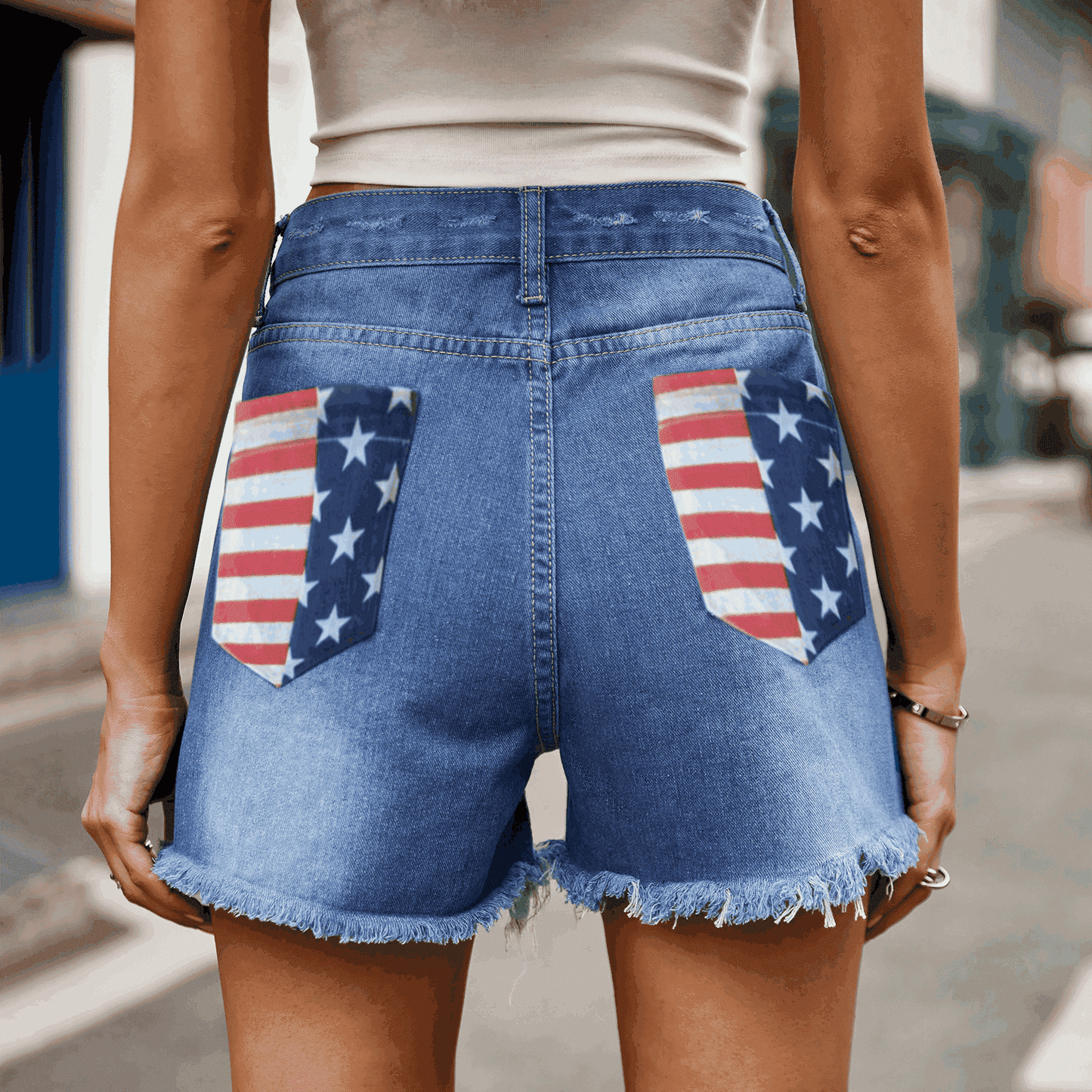 (S-2X) Declaration Of Independence US Flag Distressed Denim Shorts