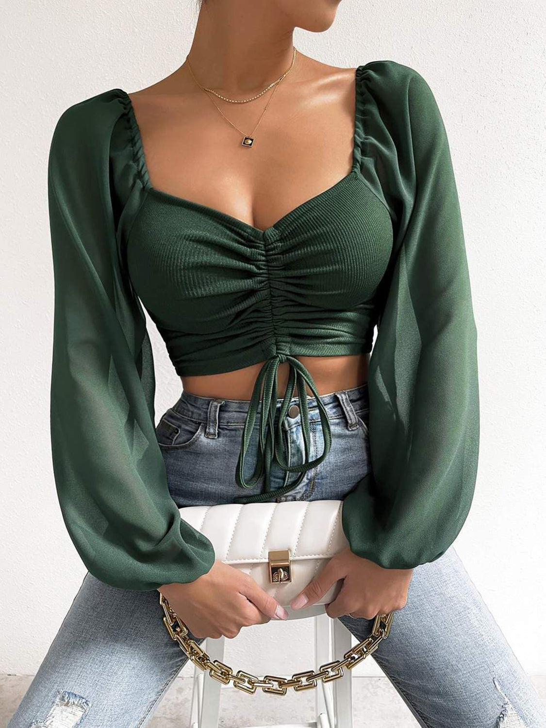 Elegantly Charming Drawstring Sweetheart Neck Cropped Top (Multiple Colors) - BP