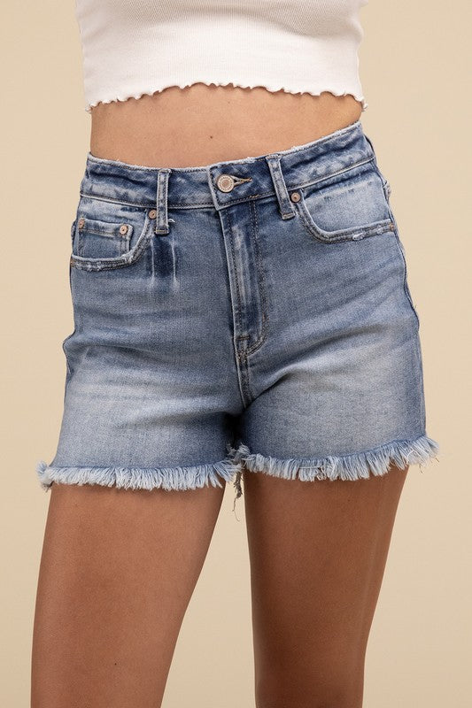 Heather Mid Rise Raw Frayed Hem Denim Shorts