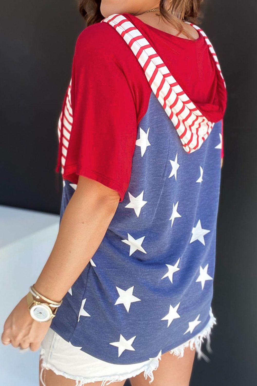 Faith In America Drawstring Star & Stripes Half Sleeve Hooded Top