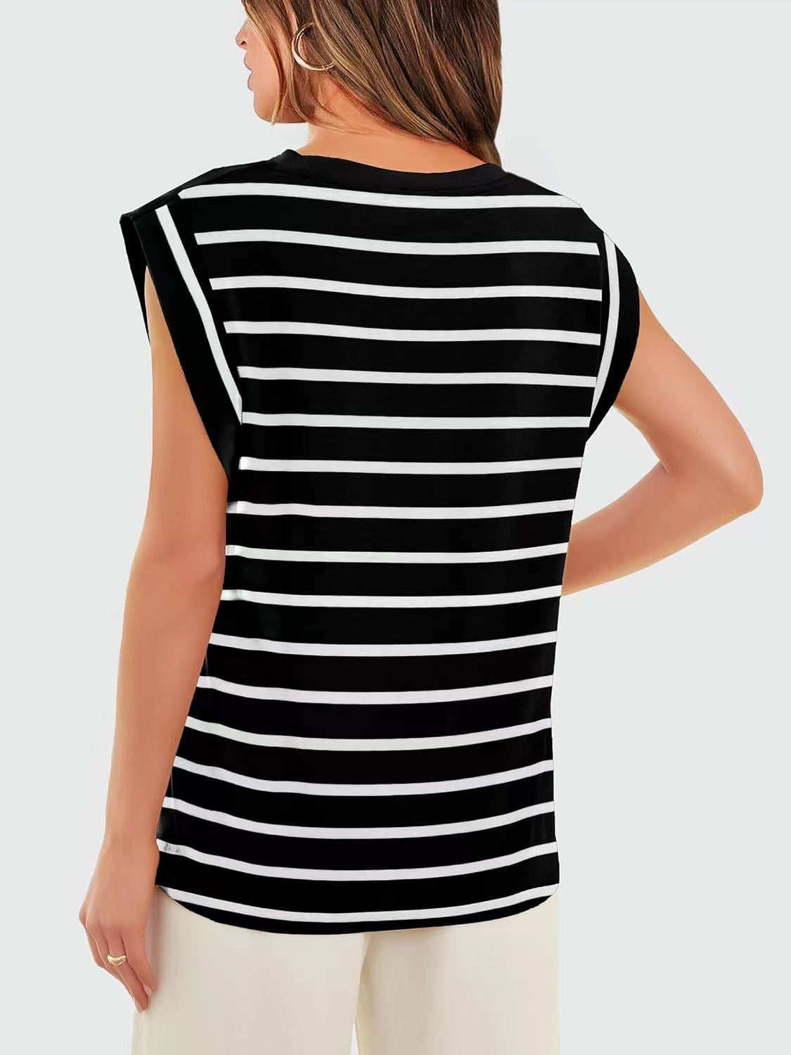 (S-2X) Happiest Here Striped Round Neck Cap Sleeve T-Shirt (Multiple Colors)