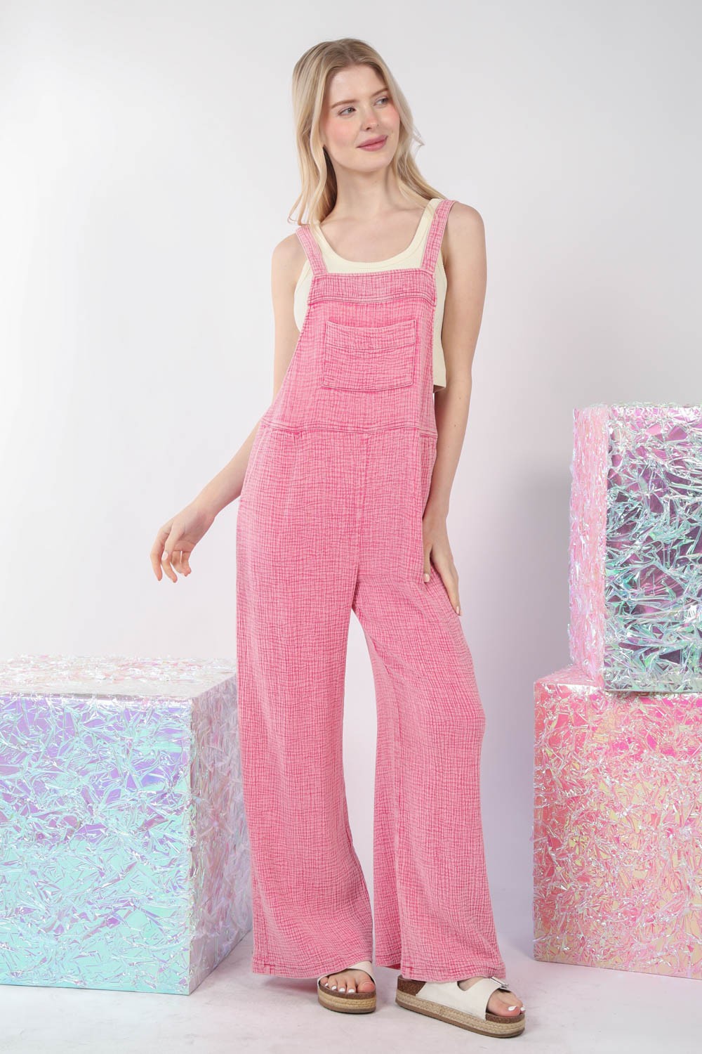 VERY J Texture Washed Wide Leg Overalls - BP