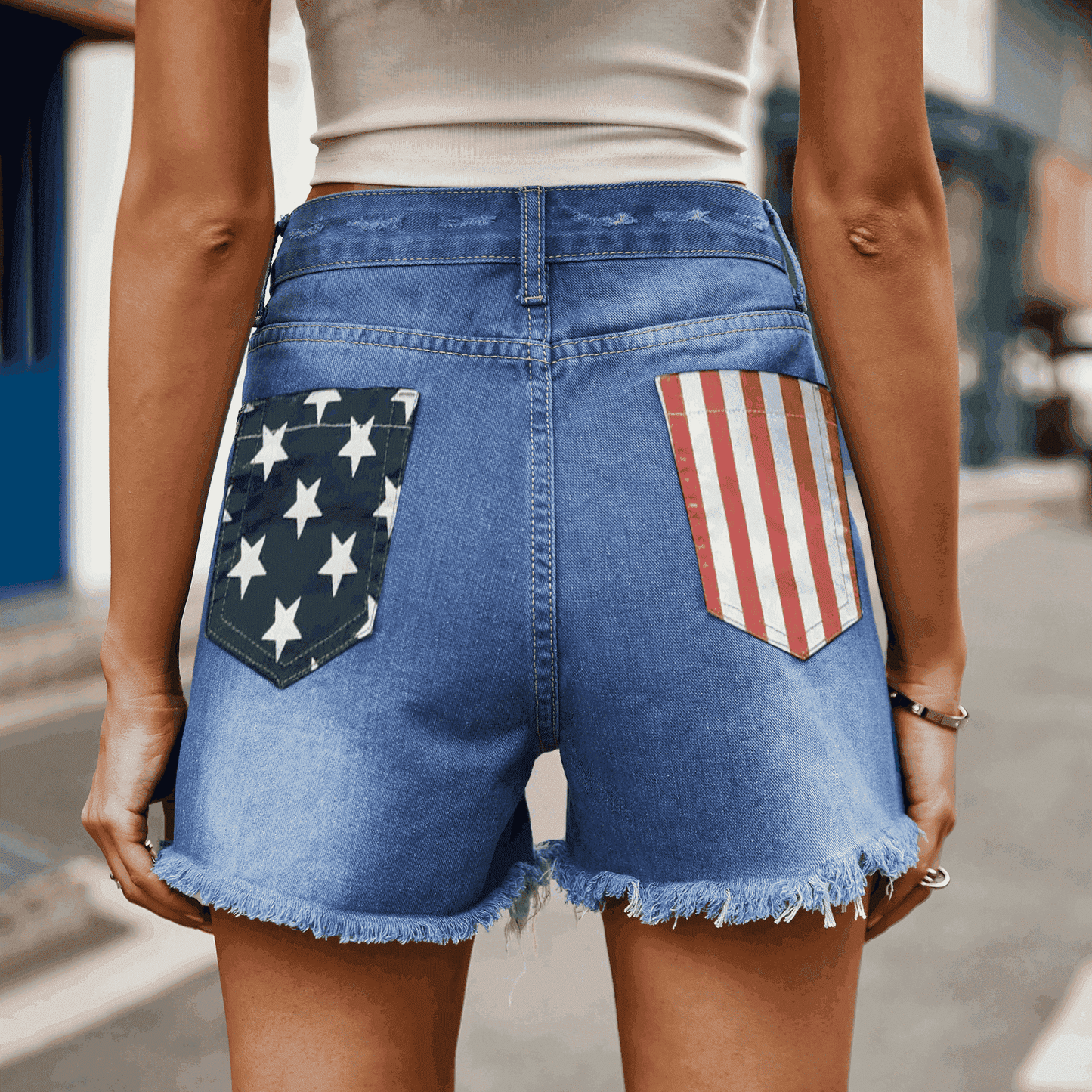 (S-2X) Declaration Of Independence US Flag Distressed Denim Shorts