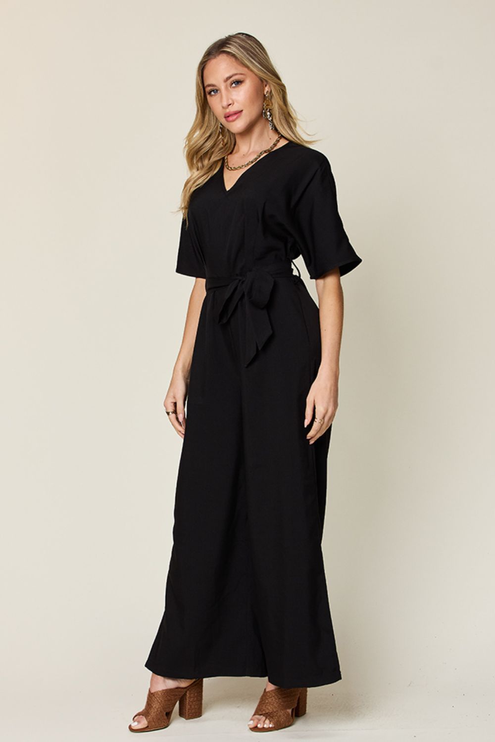 (S-3X) Midnight Masquerade V-Neck Tie Front Short Sleeve Slit Jumpsuit (Double Take) - BP