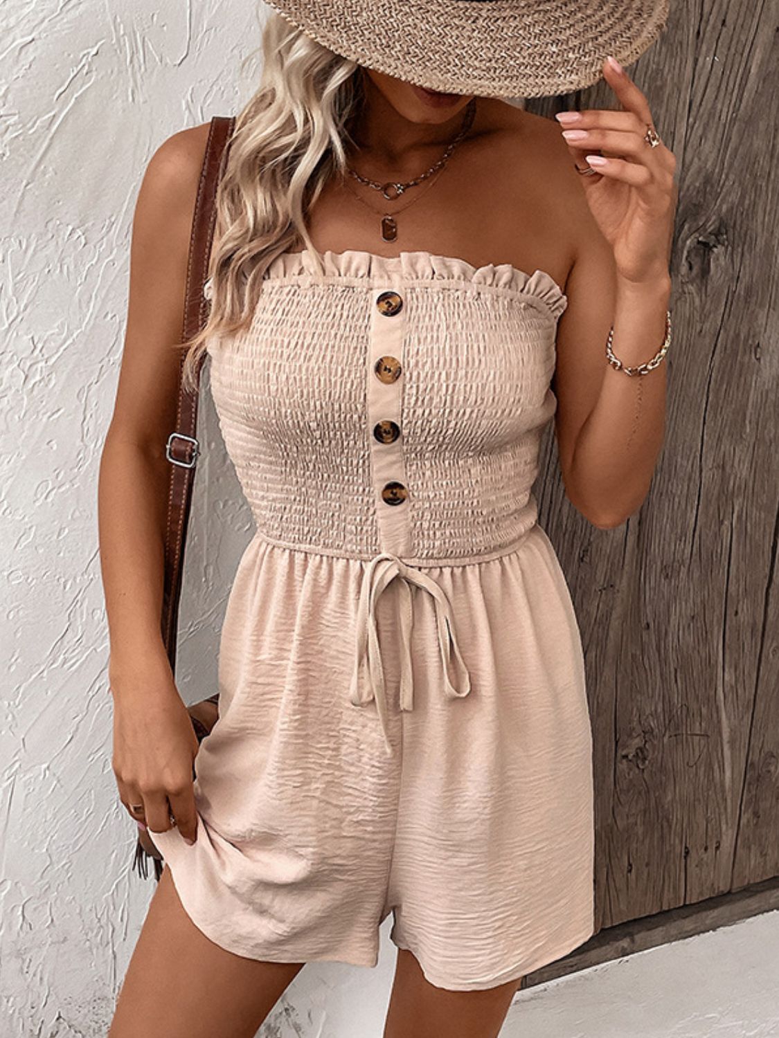 Born Iconic Decorative Button Smocked Strapless Romper - BP