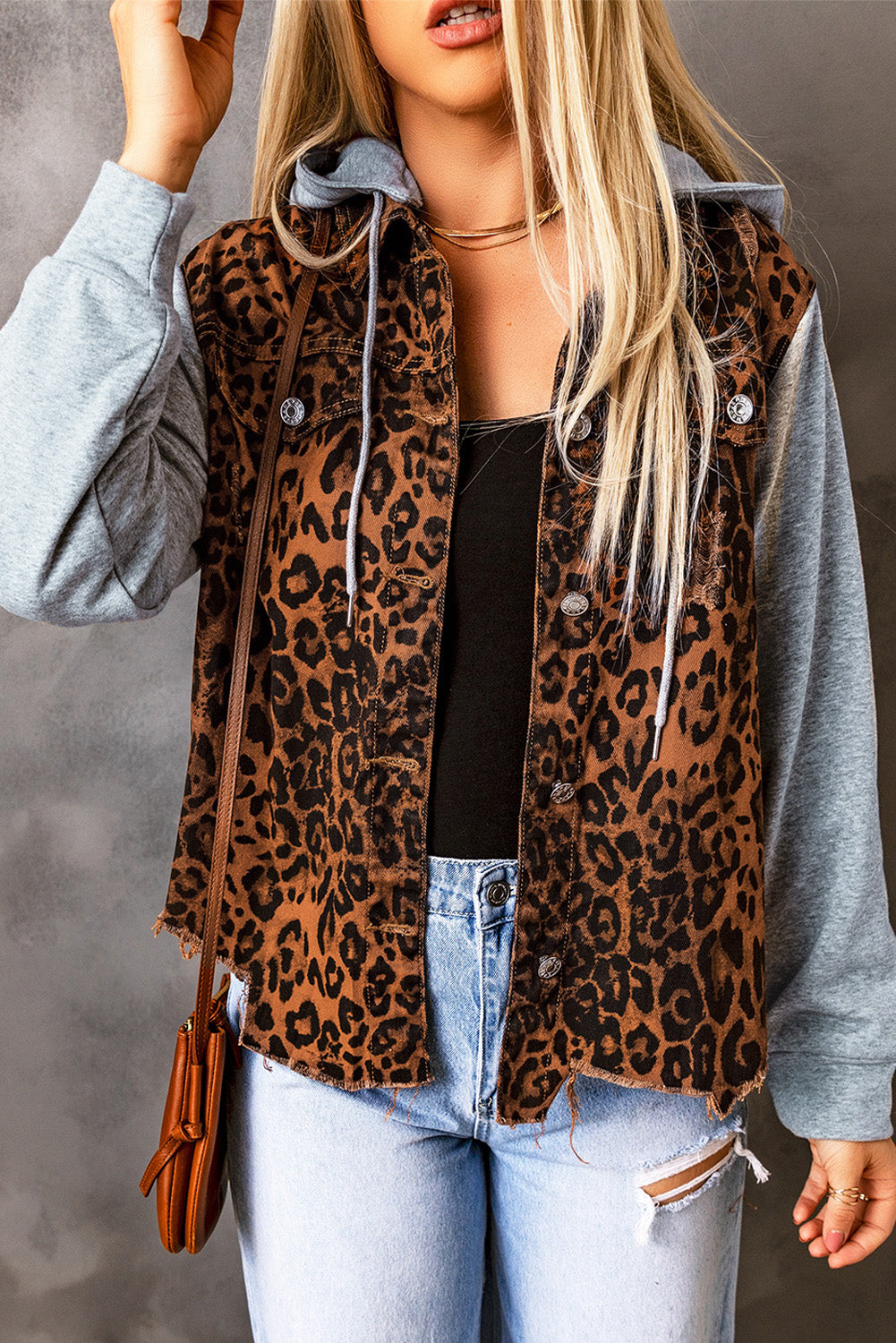 Forever Crush Leopard Distressed Drawstring Hooded Denim Jacket - BP