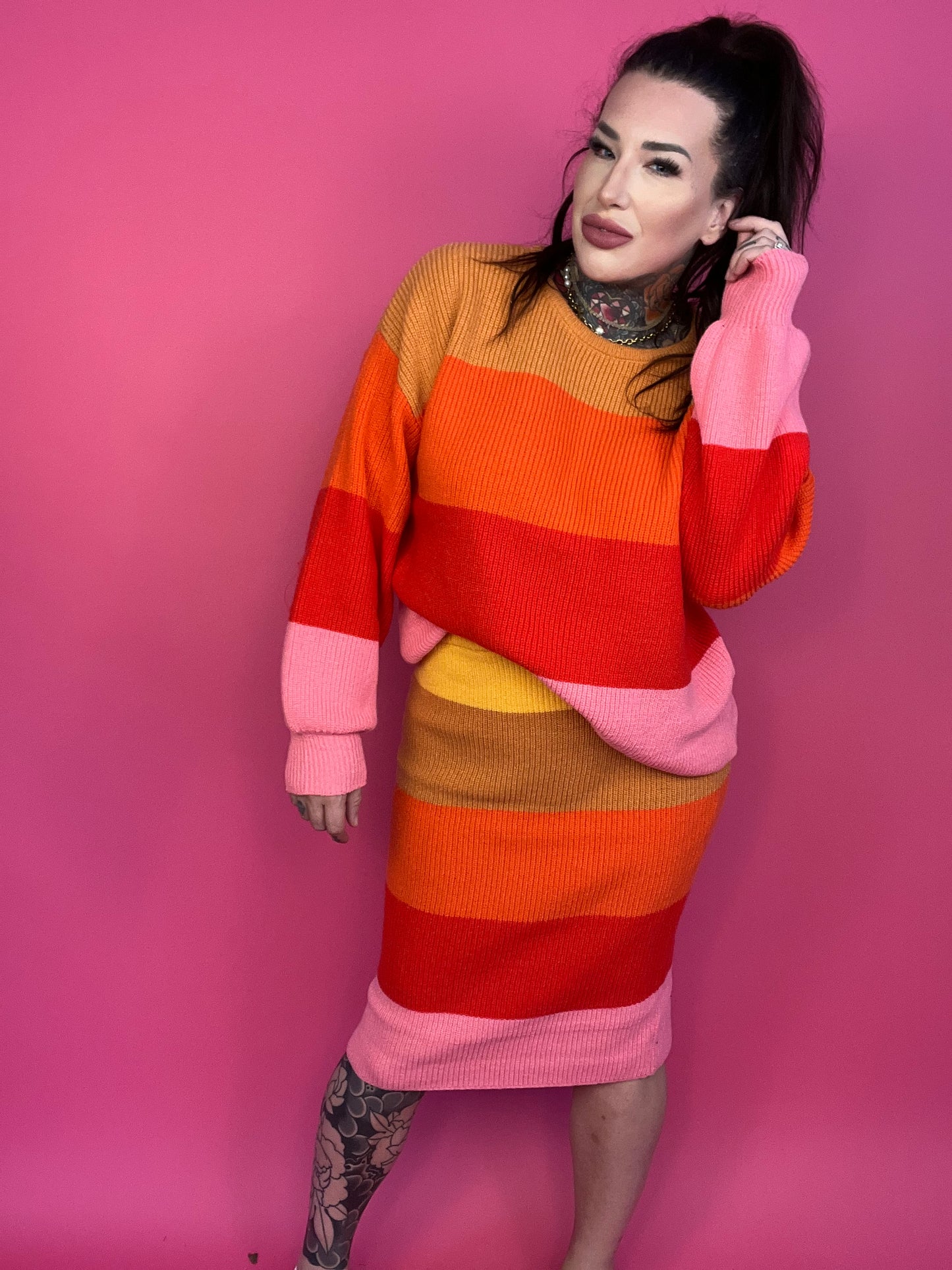 (TOP) Bold Rainbow Stripe Oversized Chunky Knit Pullover (MULTIPLE COLOR OPTIONS) - BP