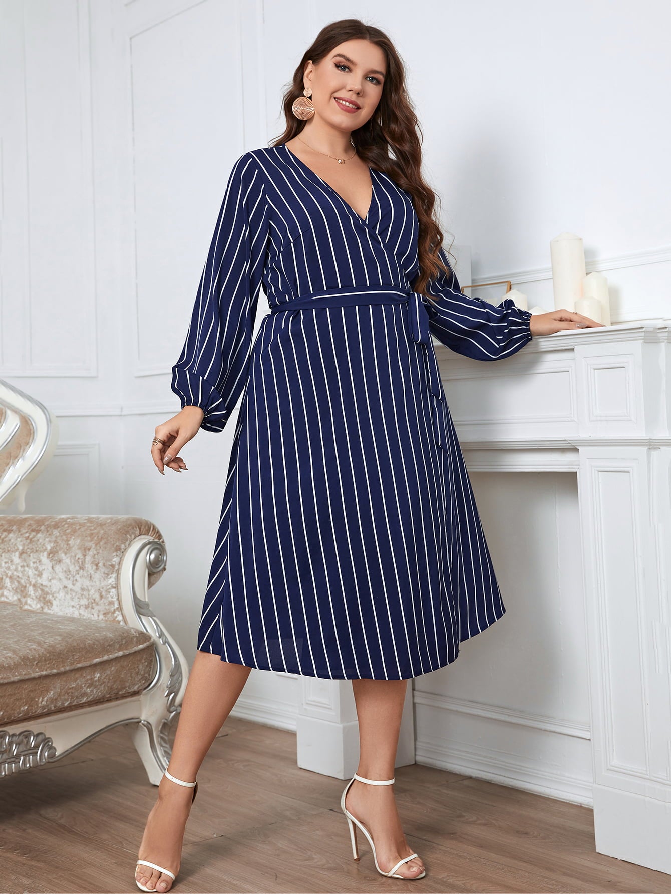 (1X-4X) Wicked Fun Melo Apparel Striped Surplice Neck Long Sleeve Dress